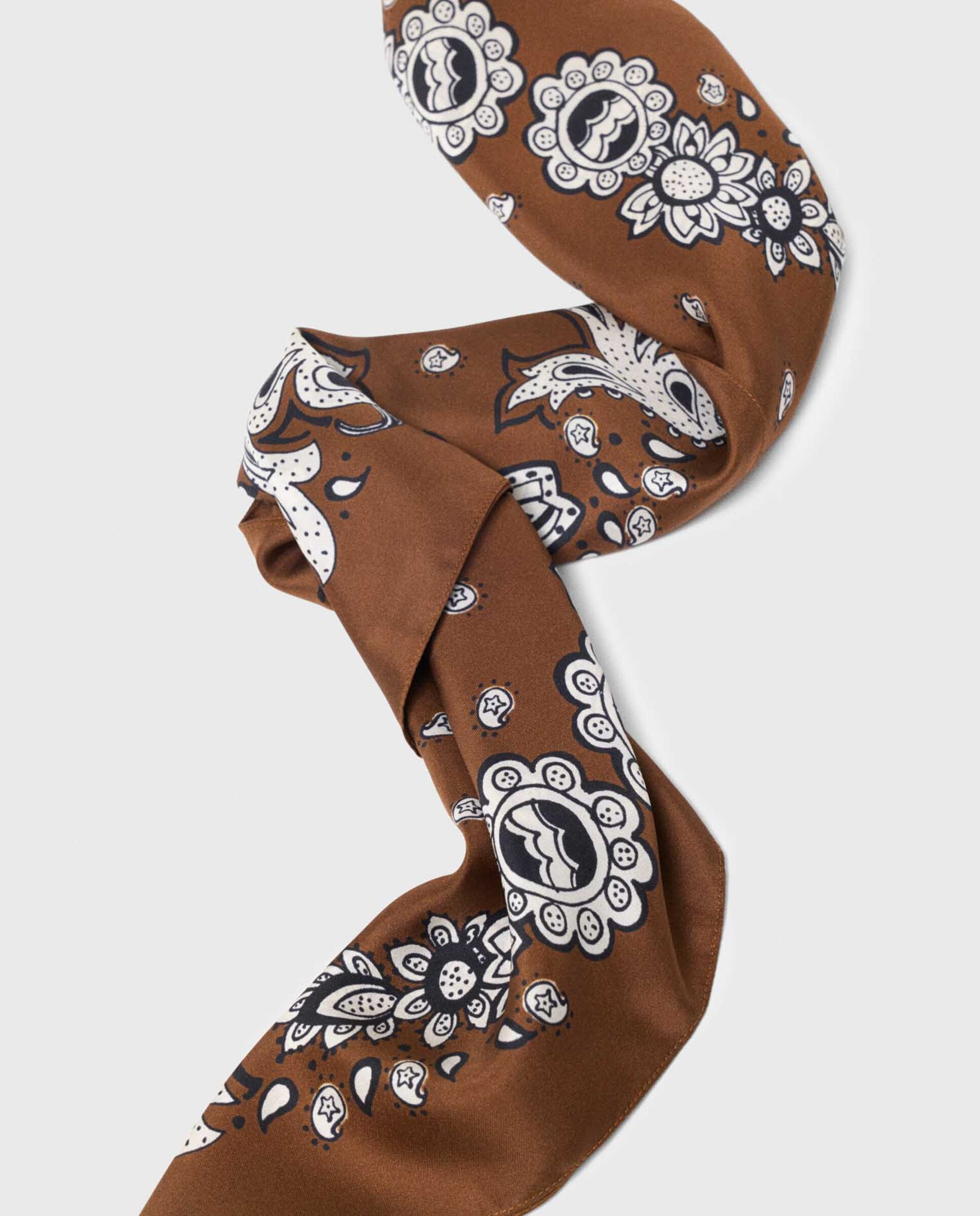 Pañuelo de mujer de seda estampado bandana grande - Maje - Marrón Marrón-3