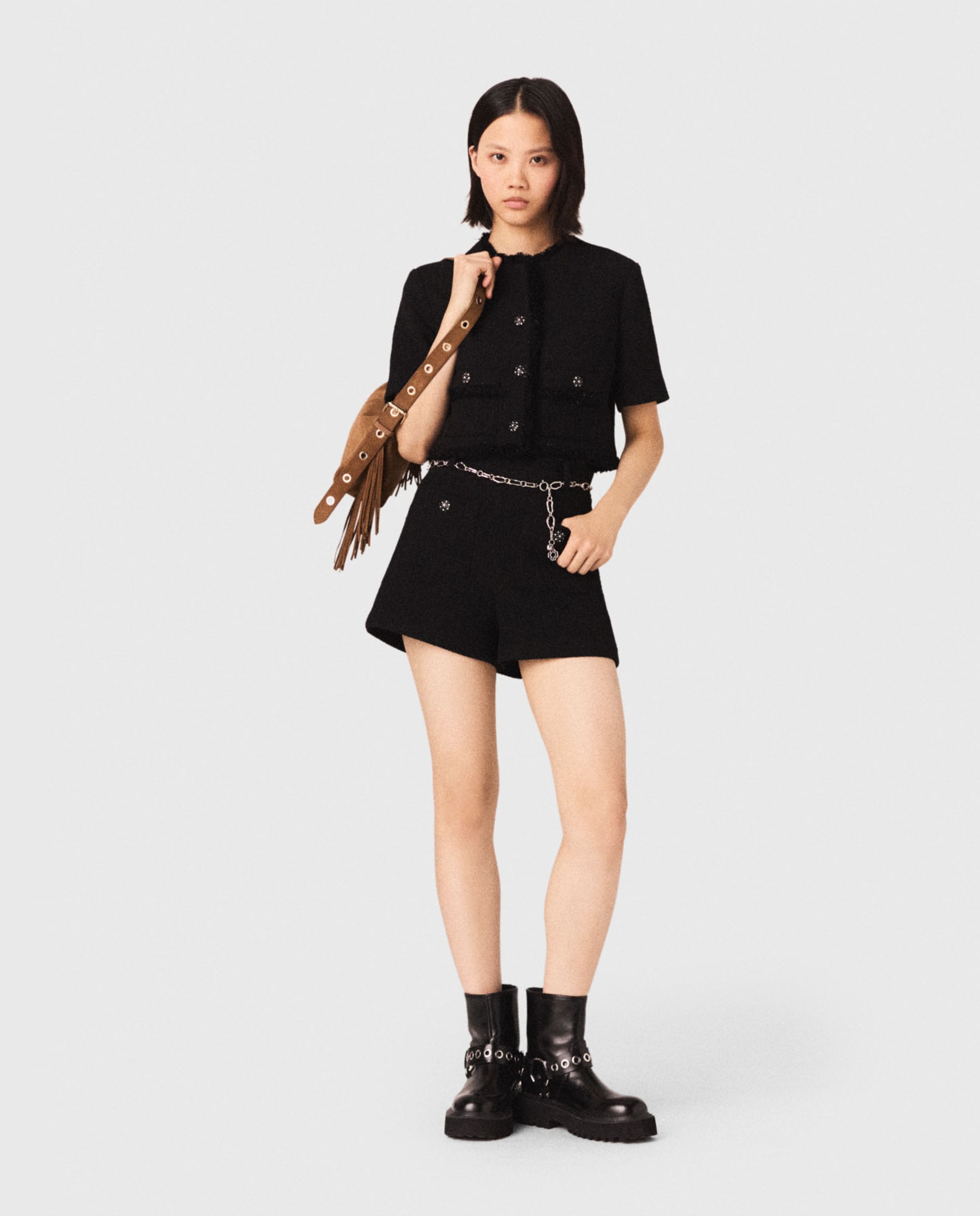 Maje - Short de mujer de talle alto y tweed brillante con strass.