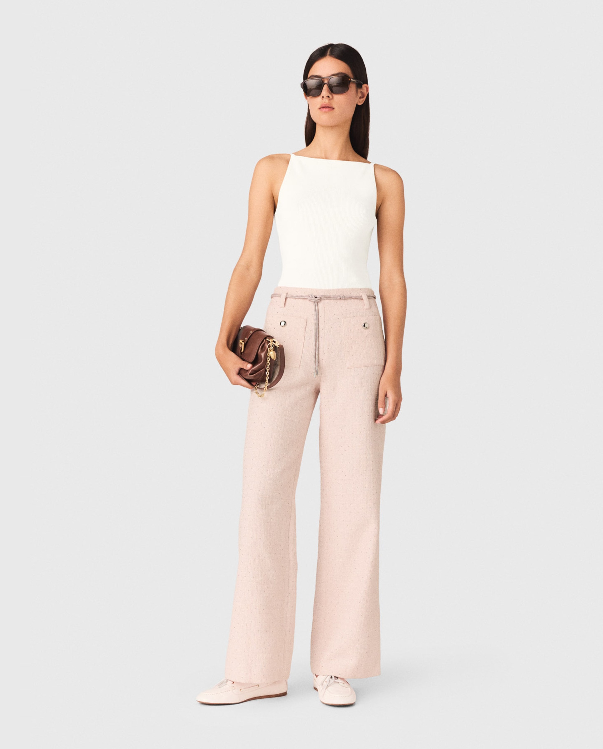 Maje - Pantalones anchos de mujer de crochet con espejos.