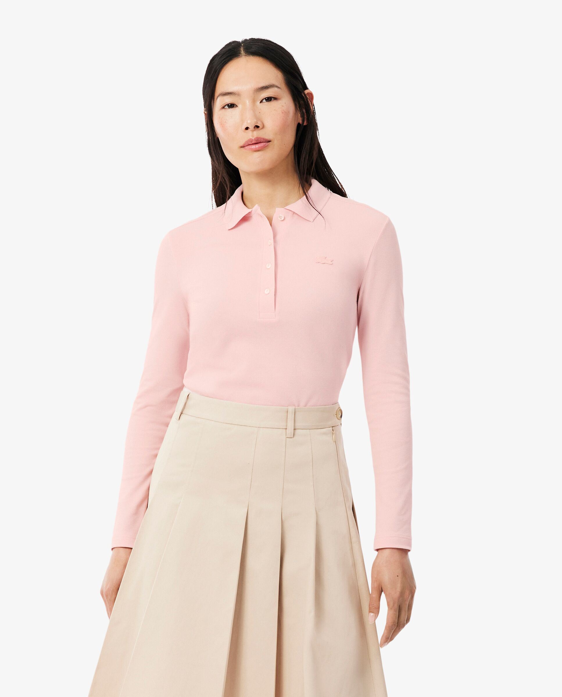 Polo de mujer de corte ajustado de minipiqué elástico de manga larga - Lacoste - Rosa Rosa-1