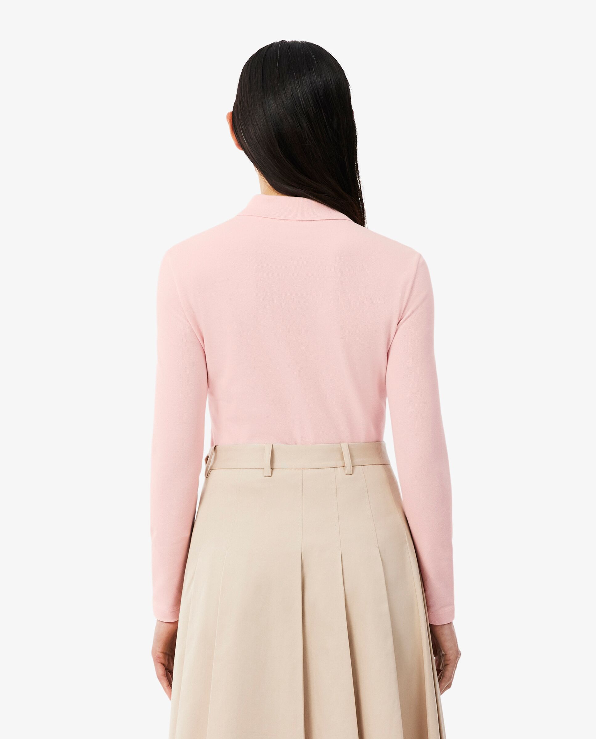 Polo de mujer de corte ajustado de minipiqué elástico de manga larga - Lacoste - Rosa Rosa-2