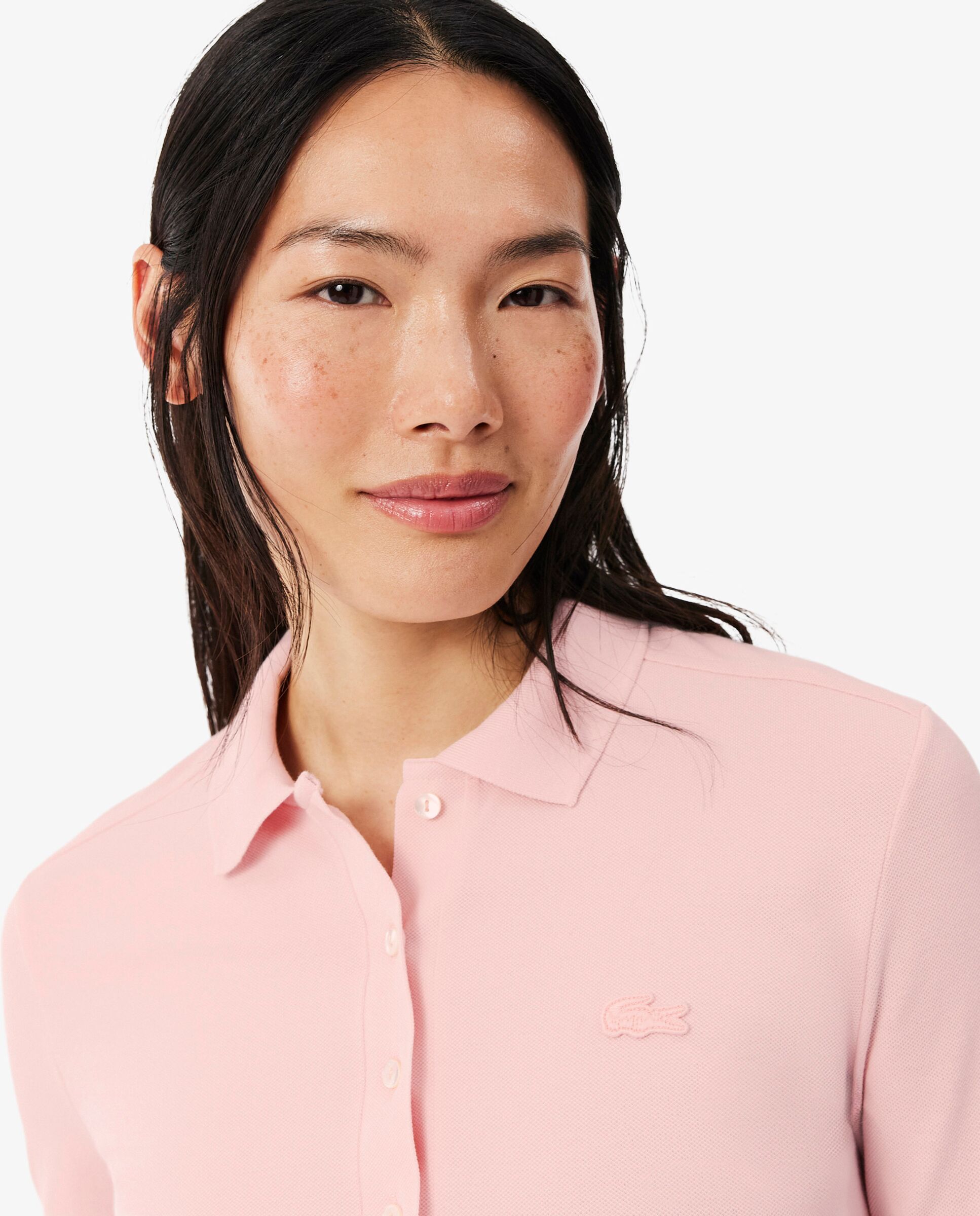 Polo de mujer de corte ajustado de minipiqué elástico de manga larga - Lacoste - Rosa Rosa-3