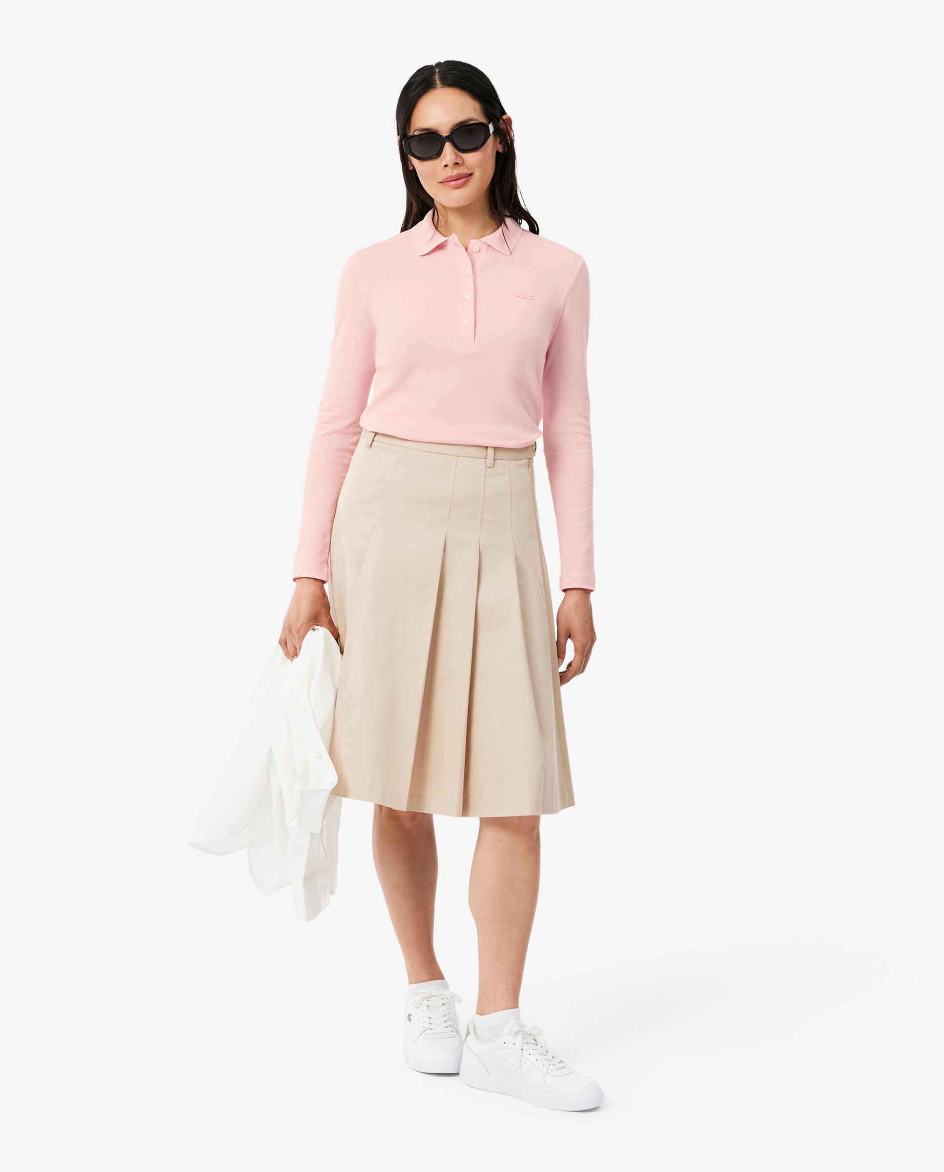 Polo de mujer de corte ajustado de minipiqué elástico de manga larga - Lacoste - Rosa Rosa-4