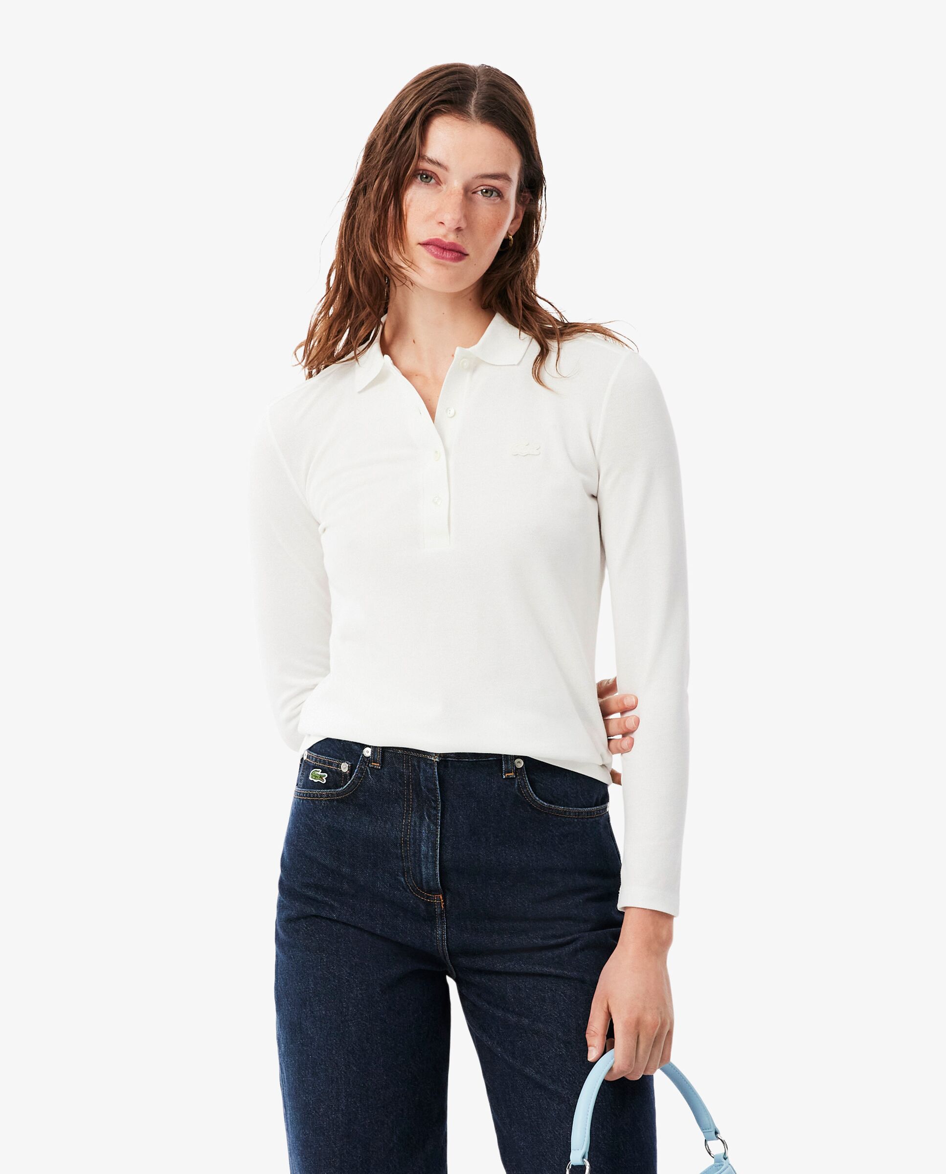 Polo de mujer de corte ajustado de minipiqué elástico de manga larga - Lacoste - Blanco Blanco-1