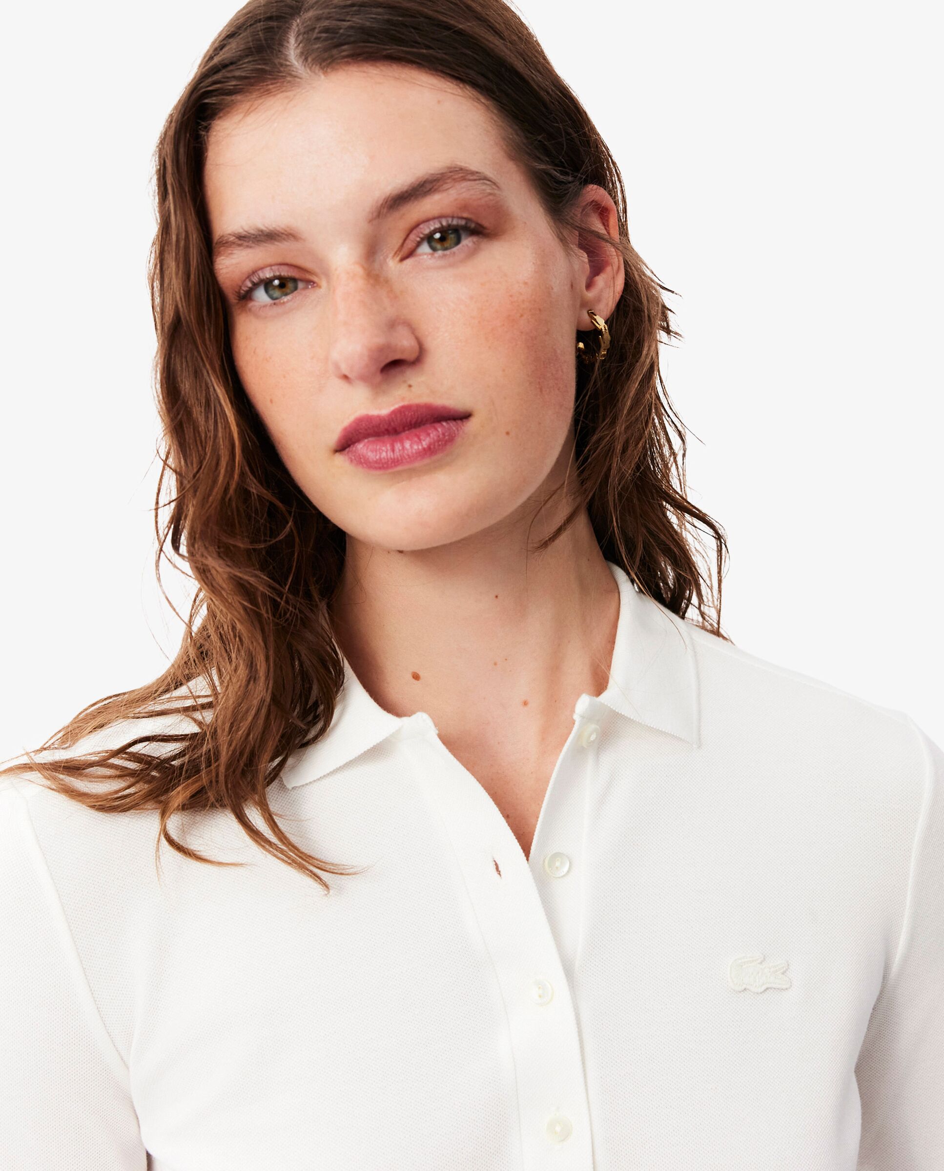 Polo de mujer de corte ajustado de minipiqué elástico de manga larga - Lacoste - Blanco Blanco-3