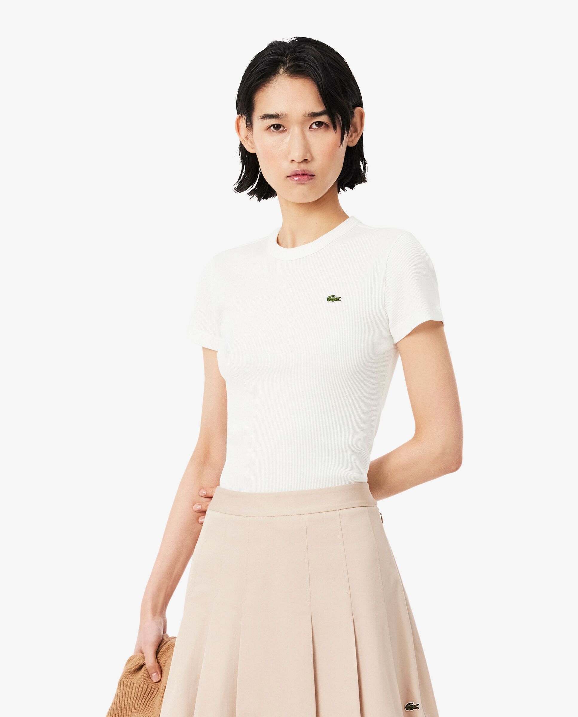 Camiseta de mujer de canalé de algodón de corte ajustado de manga corta - Lacoste - Blanco Blanco-1