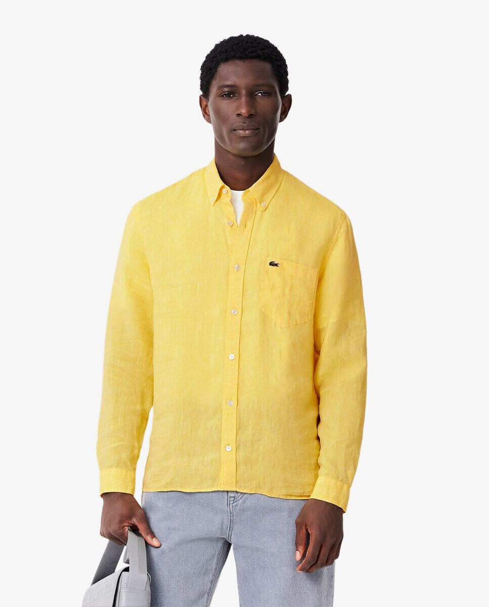 Camisa Lacoste Lino Hombre Vestir Camisa De Lino Amarilla Hombre
