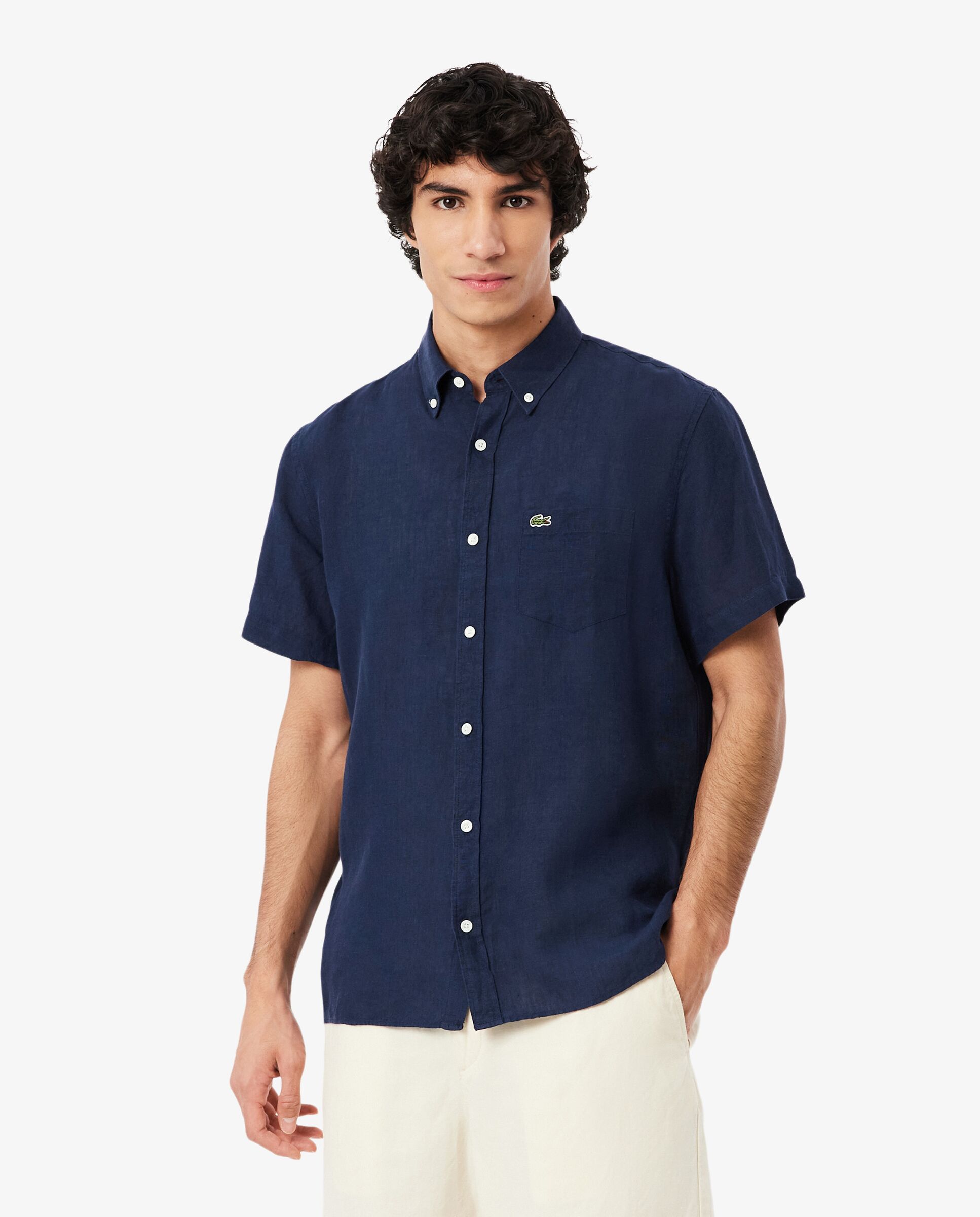 Camisa de hombre de lino de manga corta - Azul marino Azul marino-1