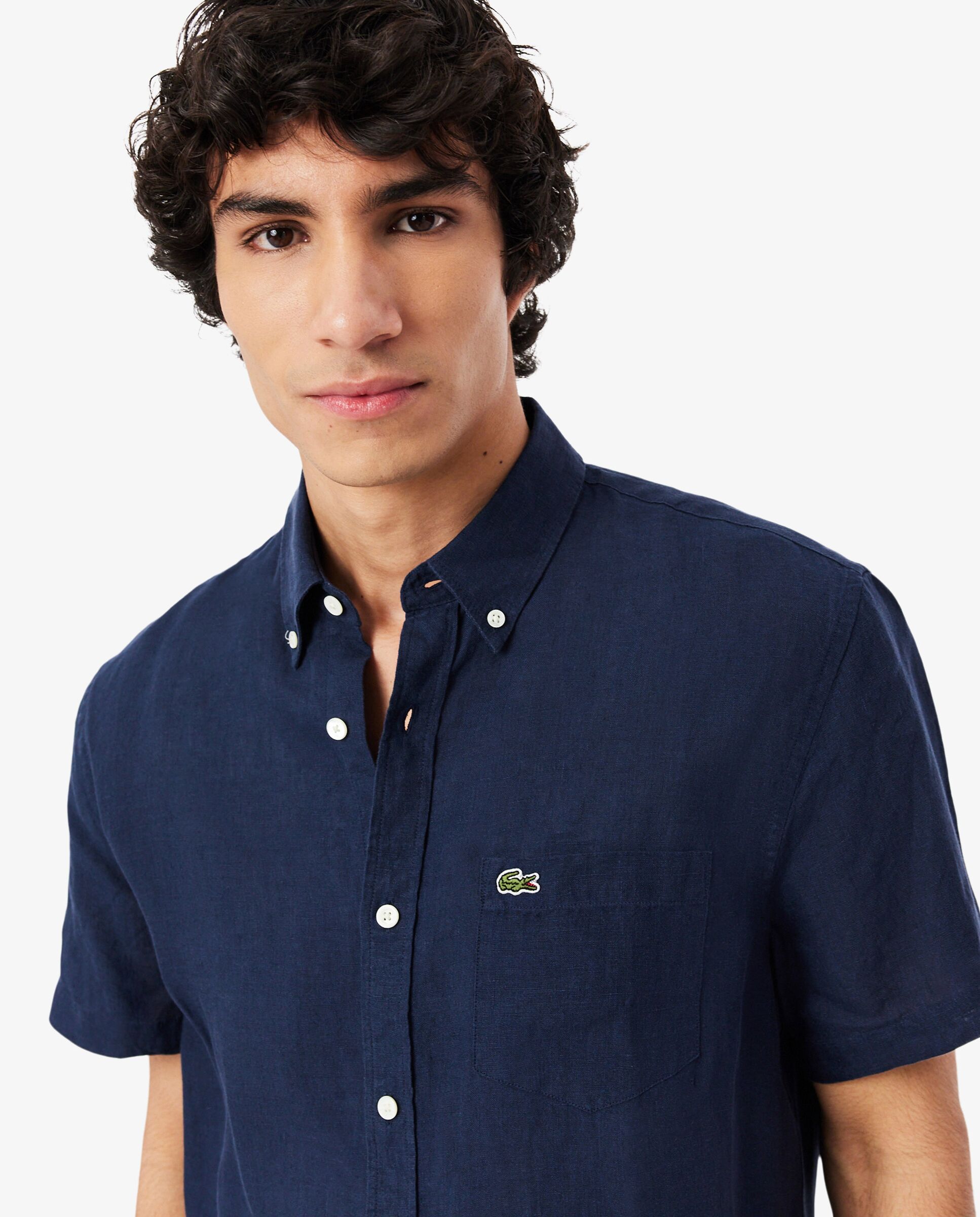 Camisa de hombre de lino de manga corta - Azul marino Azul marino-3