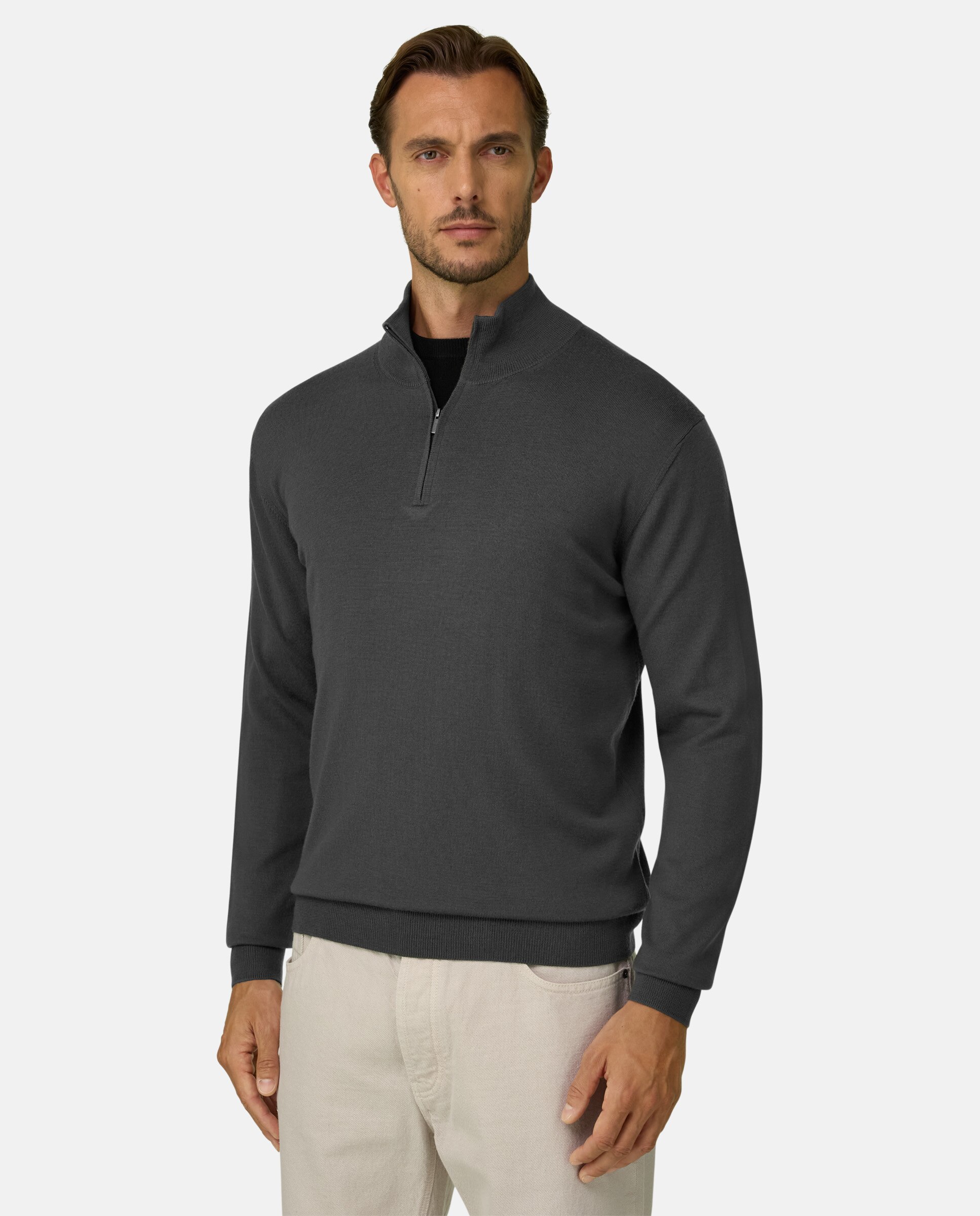 Jersey con media cremallera en lana merino extrafina - Boggi Milano - Verde militar Verde militar-1