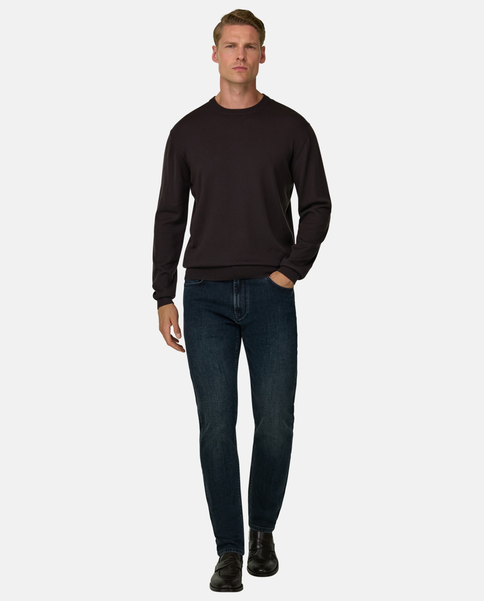Jersey de cuello redondo en lana merino extrafina - Boggi Milano - Marrón oscuro Marrón oscuro-2