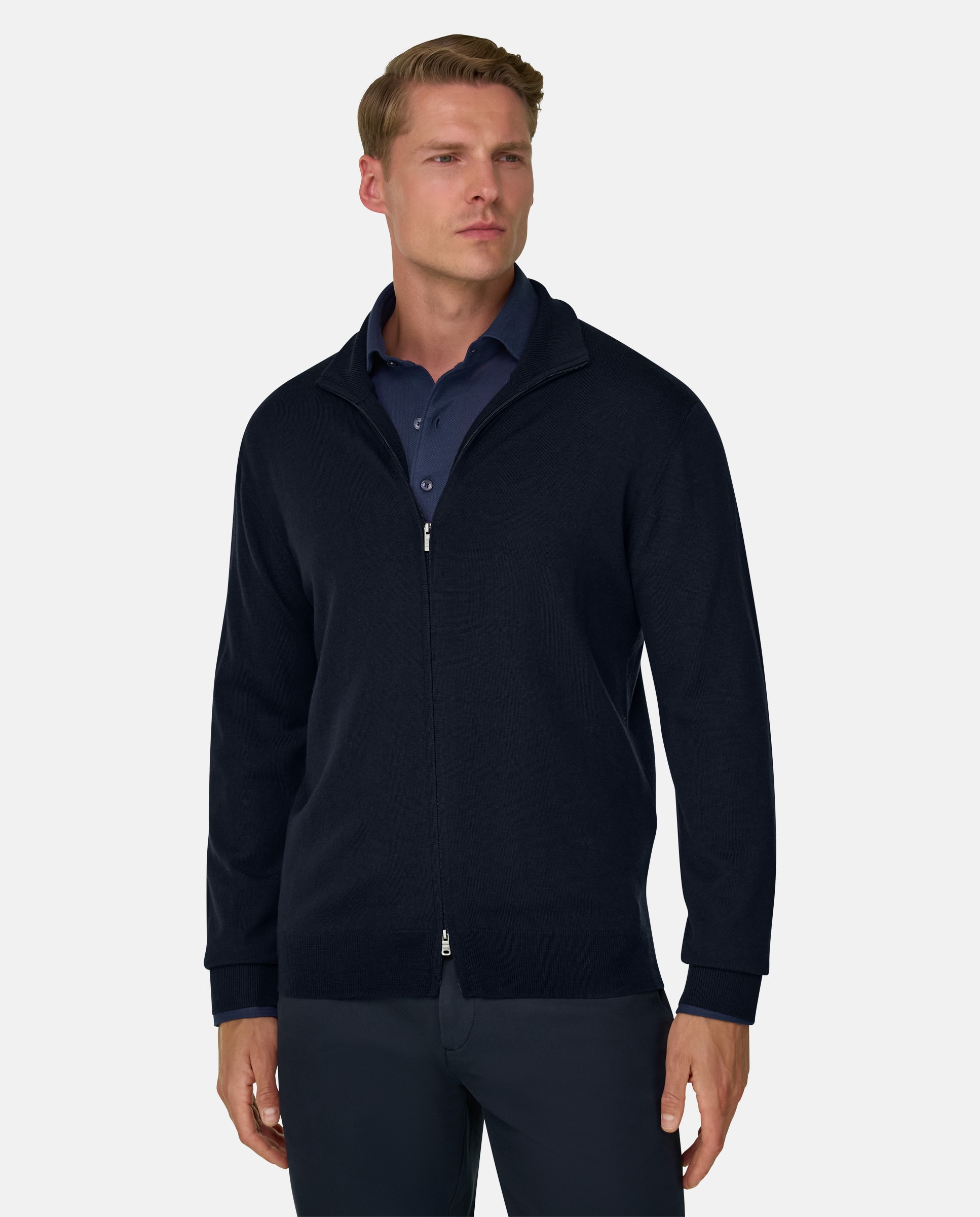 Cárdigan con cremallera en lana merino extrafina - Boggi Milano - Azul marino Azul marino-1
