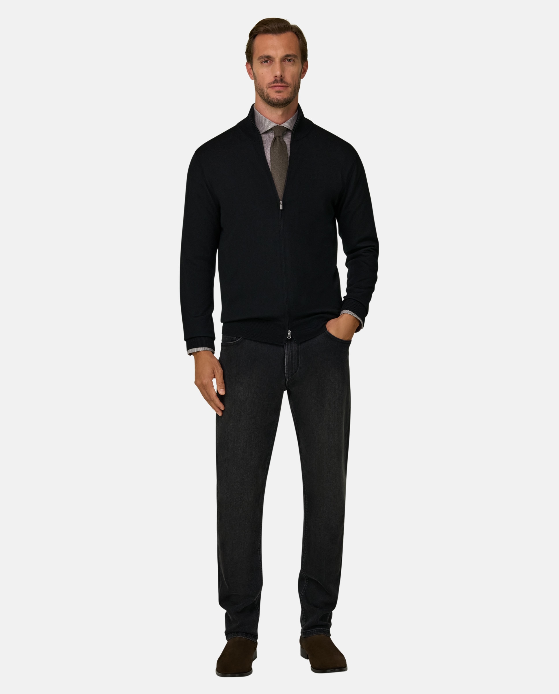 Cárdigan con cremallera en lana merino extrafina - Boggi Milano - Negro Negro-2