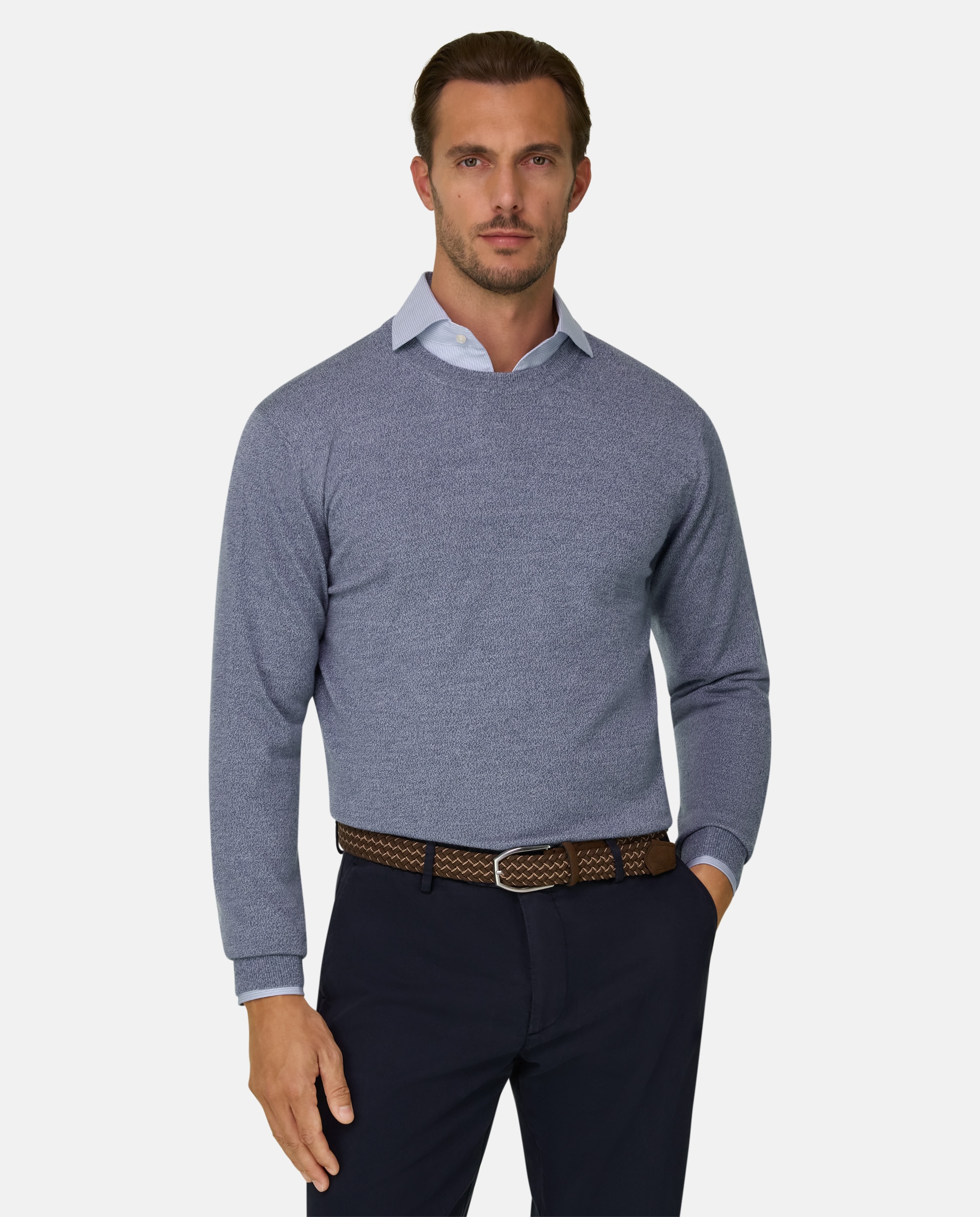 Jersey de cuello redondo en lana merino cashwool® mouliné - Boggi Milano - Azul claro Azul claro-1