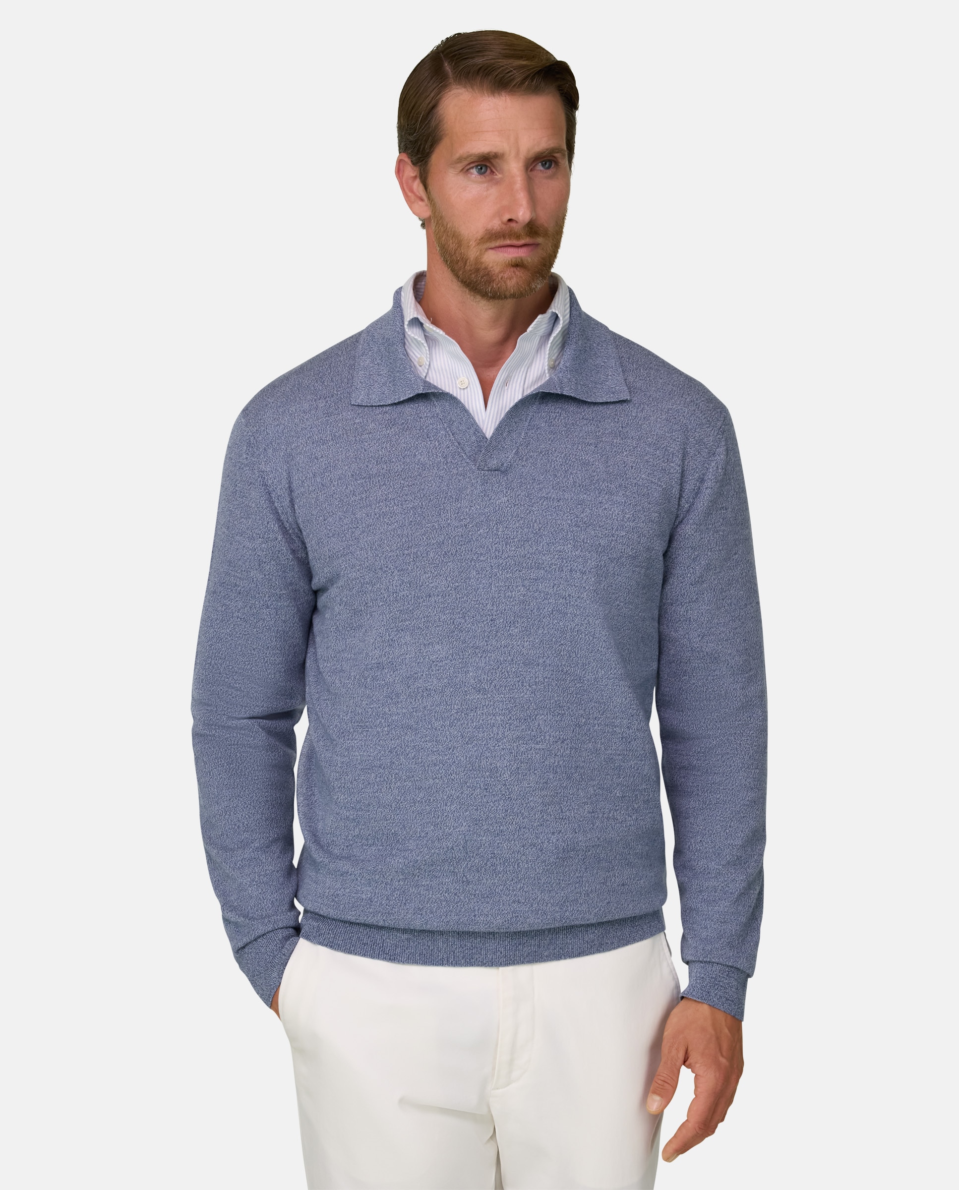 Polo de punto en lana merino cashwool® mouliné - Boggi Milano - Azul claro Azul claro-1