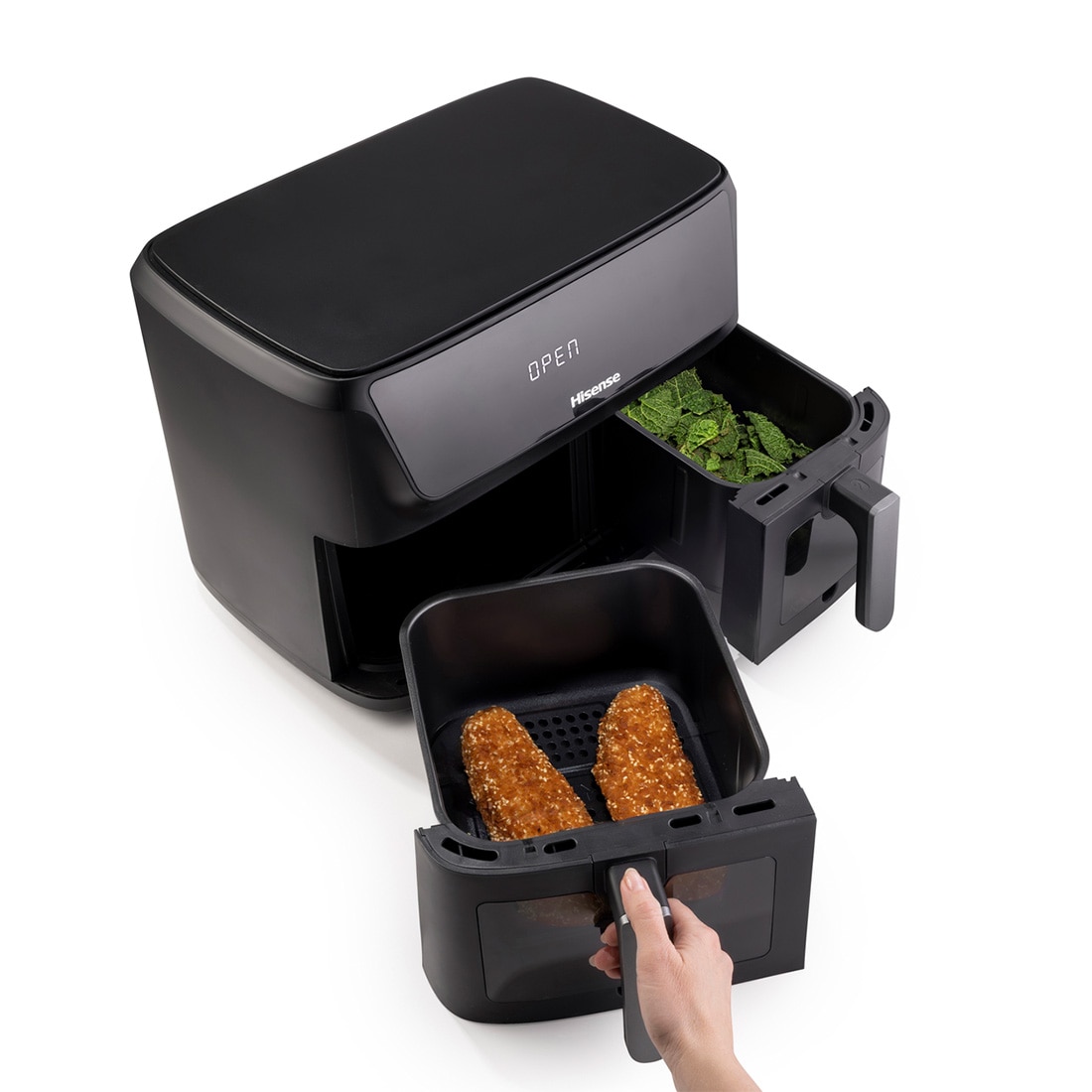 Hisense - Freidora de aire sin aceite doble Cesta Hisense HAF2700DCD 11 L dual zone + dual heater de 2700 W con 8 programas y Cocción 360°.