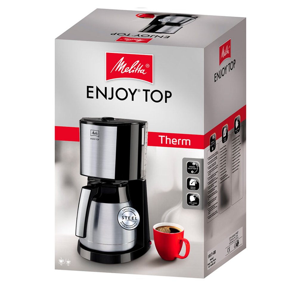 Melitta Enjoy Top Timer – Cafetera De Filtro Con Función De Temporizador Y AromaSelector | 1.2 Litros, Jarra De Cristal, Acero Inoxidable | Negro