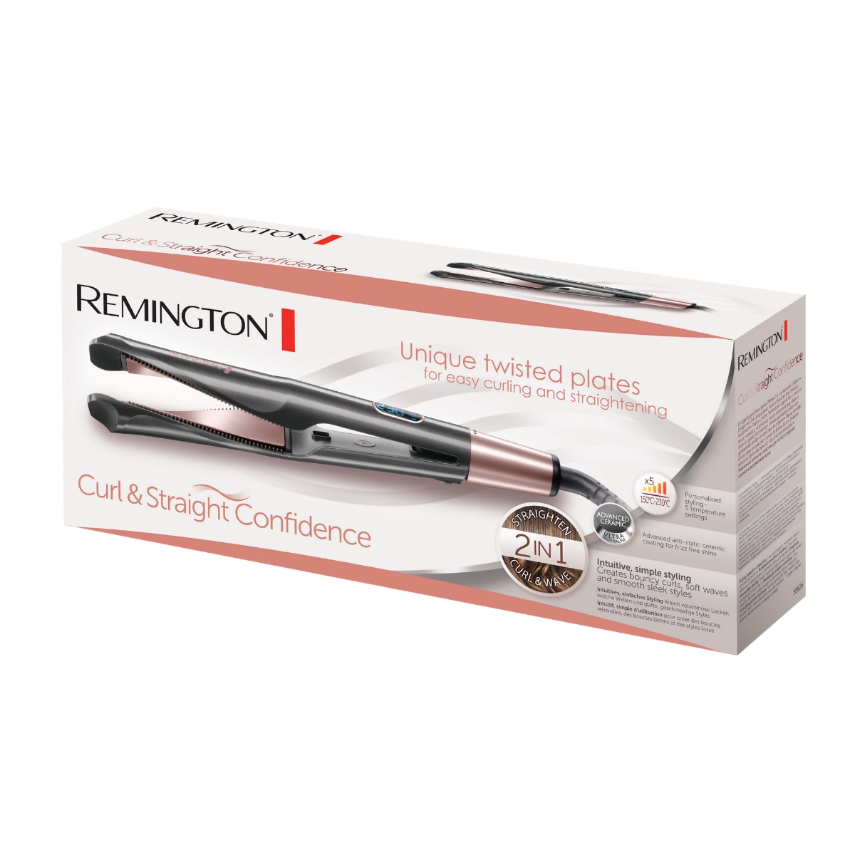 Plancha de pelo 2 en 1 Remington Curl & Straight Confidence riza y alisa gracias a sus placas en espiral con cerámica y turmalina antiestática - Negro / Bronce Negro / Bronce-3