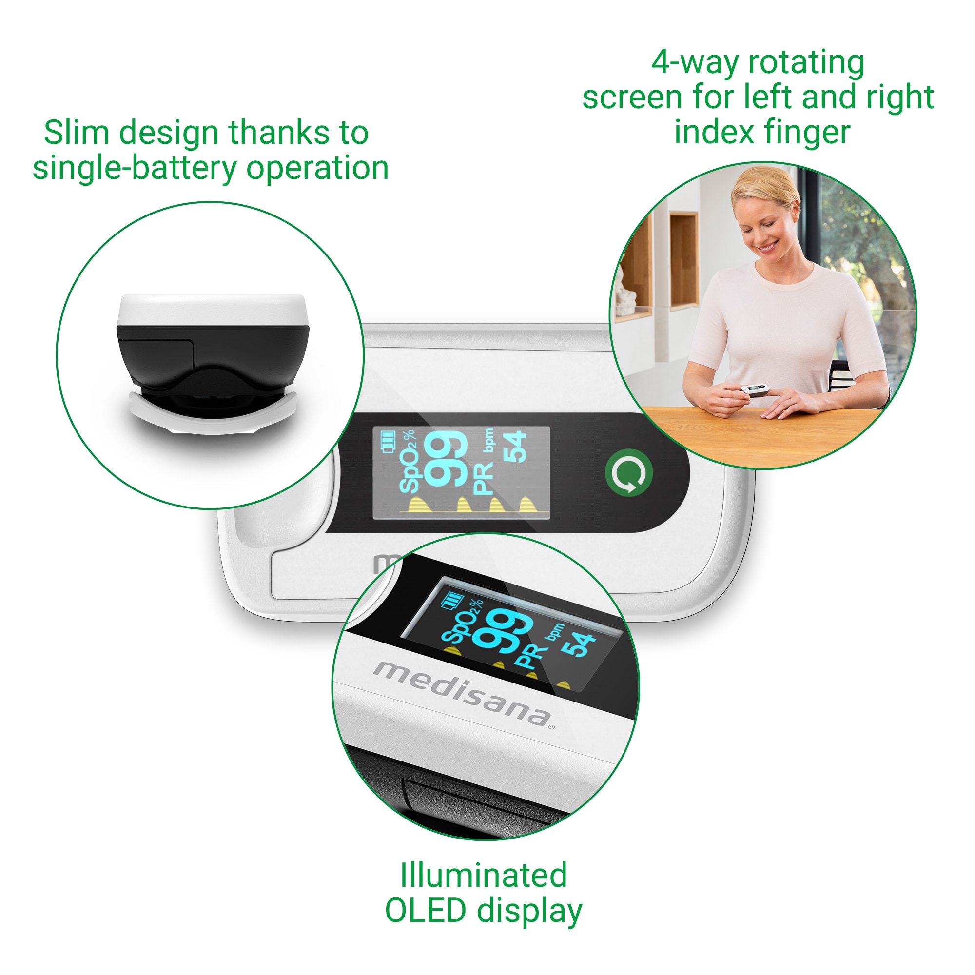 Pulsioxímetro Medisana PM 180 con pantalla OLED y apagado automático - Blanco Blanco-4