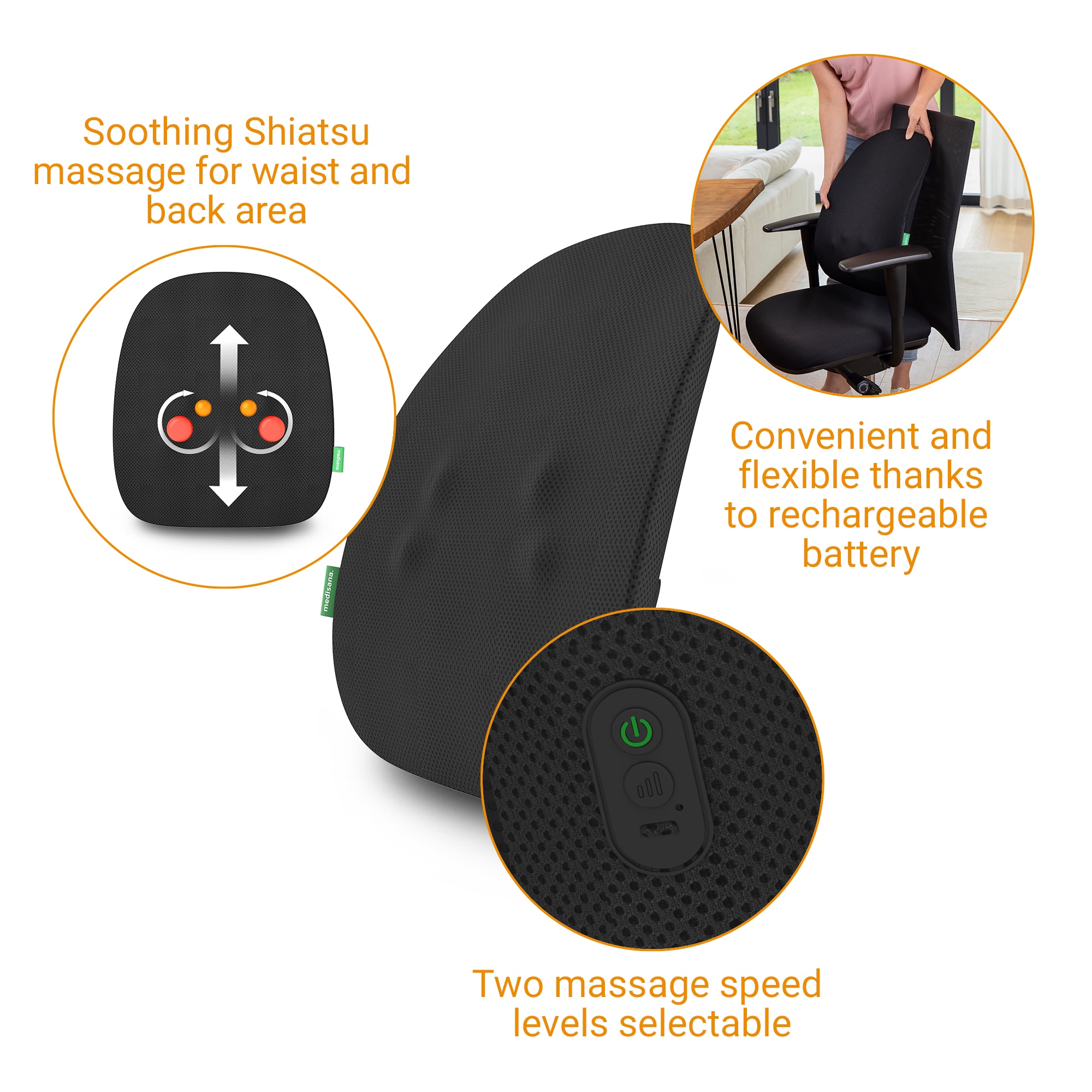 Masajeador de espalda Medisana MC 500 inalámbrico con Shiatsu y batería recargable - Negro Negro-4
