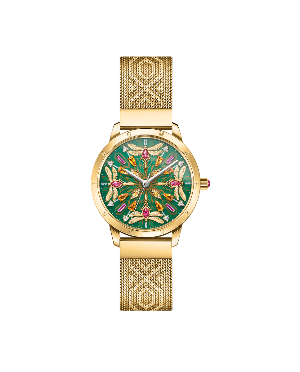 Imagen 0 de Reloj de mujer caleidoscopio libélula de acero y esfera verde Oro