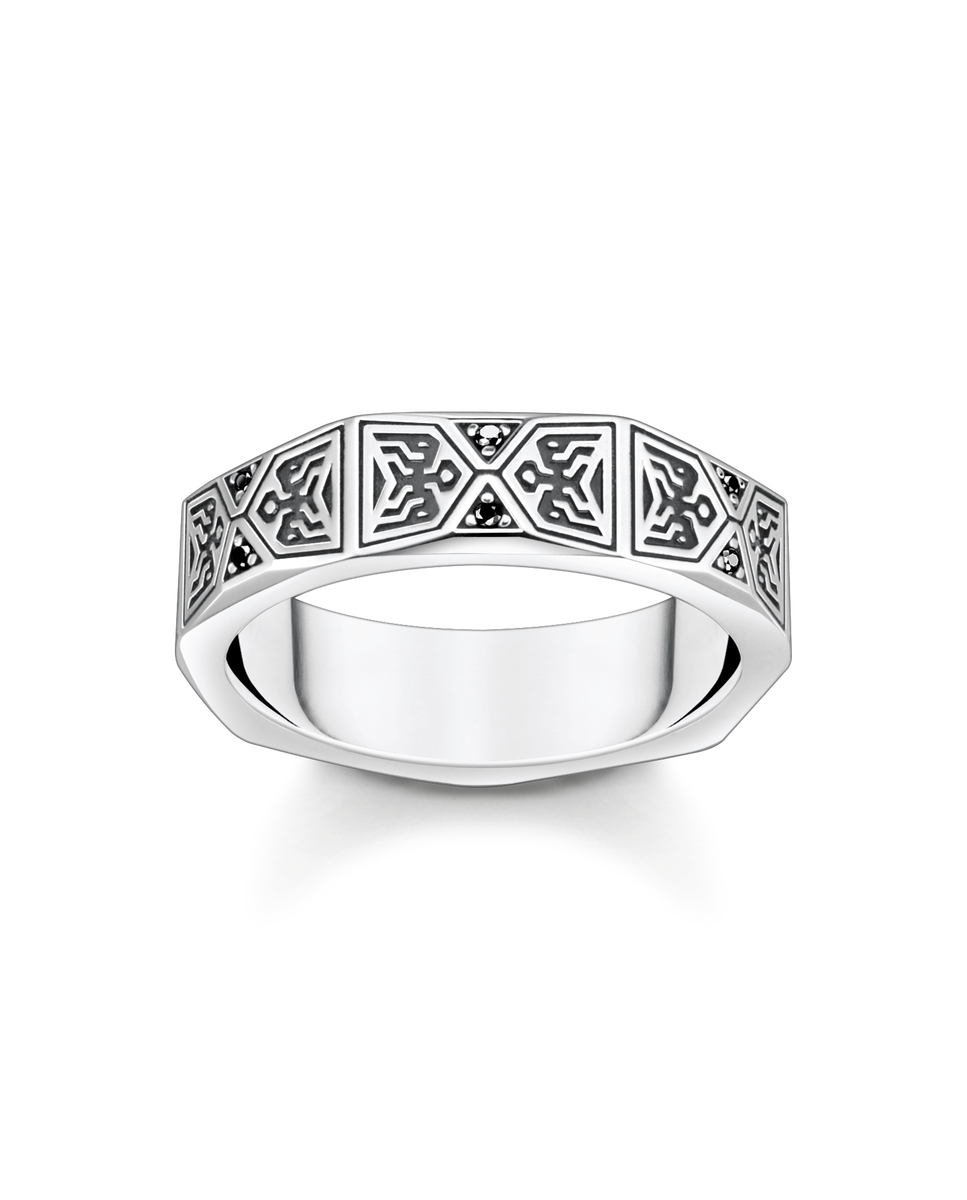 Anillo de plata diseño facetado con piedras negras Plata-1