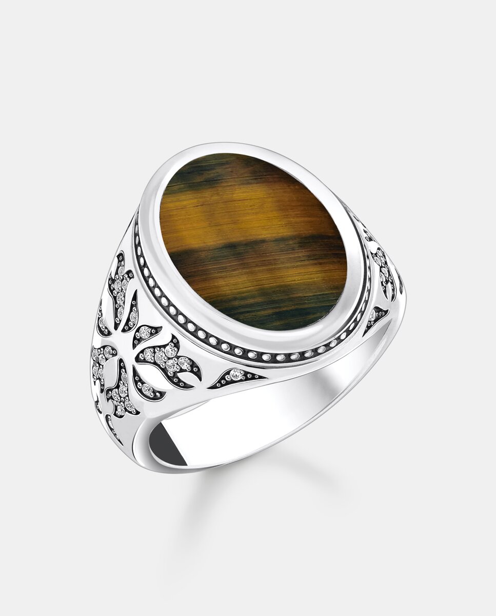 Anillo de sello de plata ennegrecida con ojo de tigre azul y dorado - Thomas Sabo - Plata Plata-1
