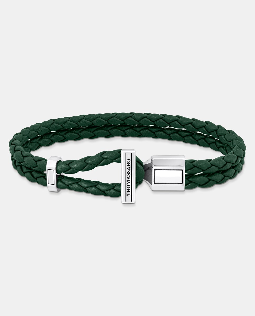 Imagen 0 de Pulsera doble de cuero en color verde y plata Negro