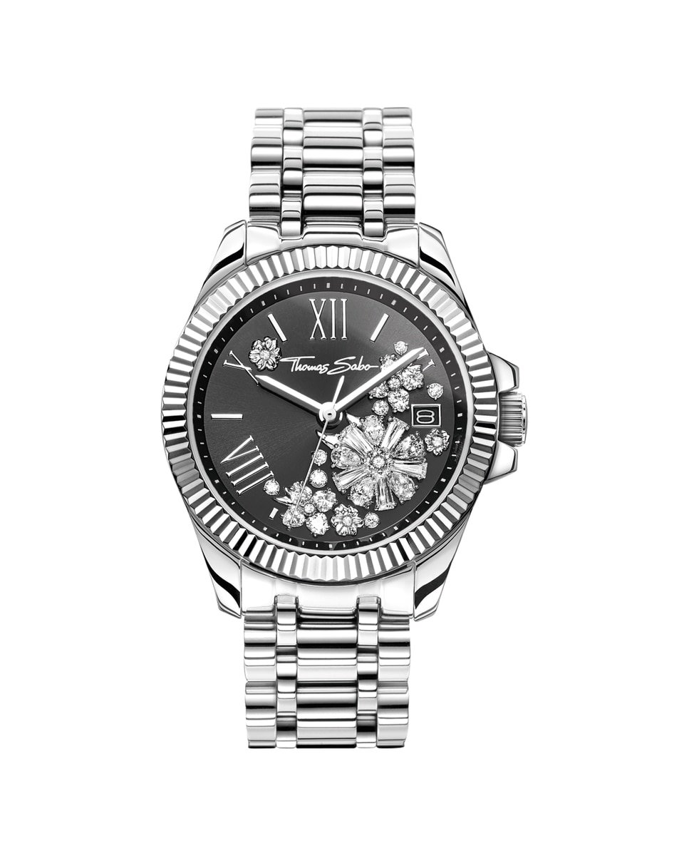 Reloj de mujer plateado de 33 mm esfera negra y flores blancas - Thomas Sabo - Plata Plata-1