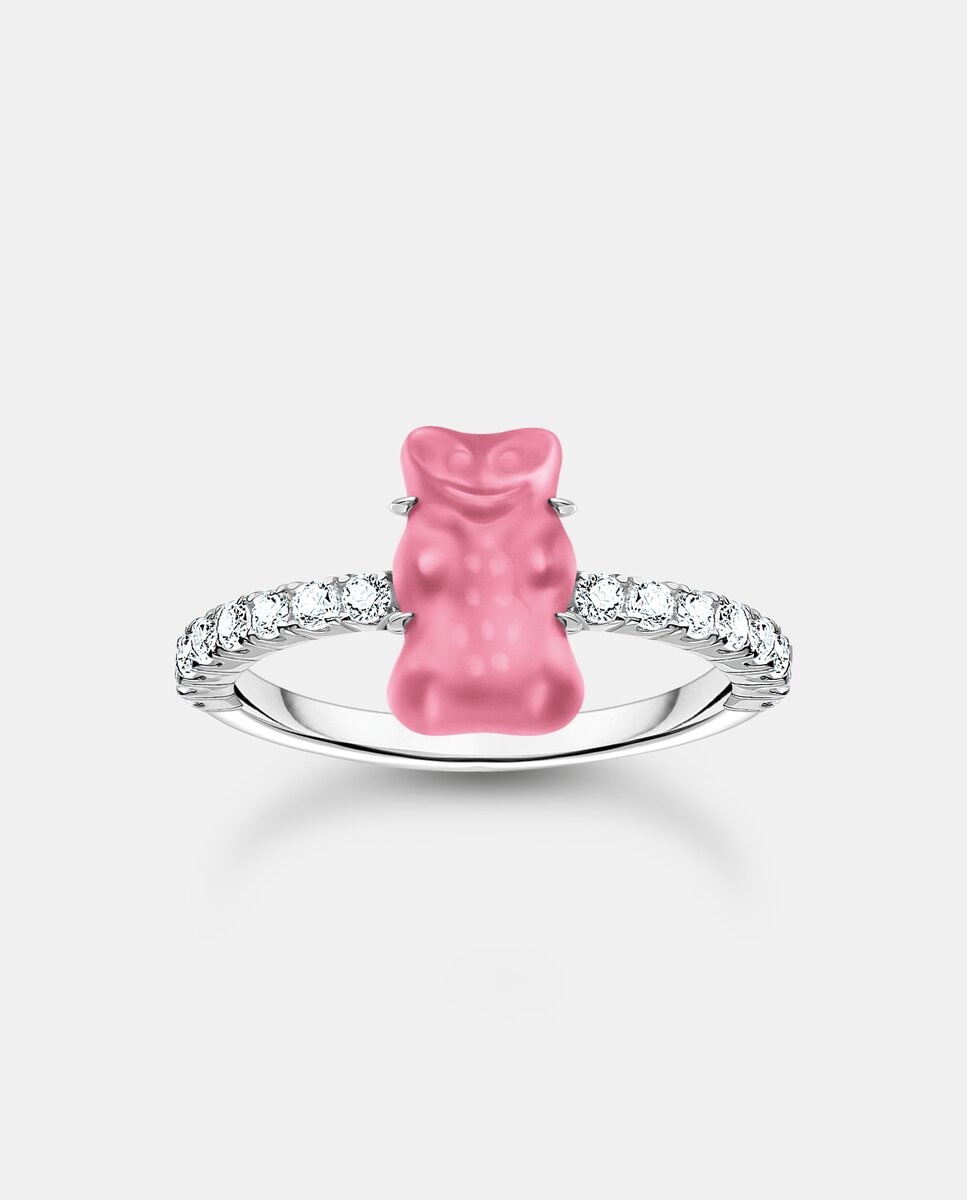 Imagen 0 de Anillo de plata con "osito de oro" haribo rosa mini y piedras de circonita Plata