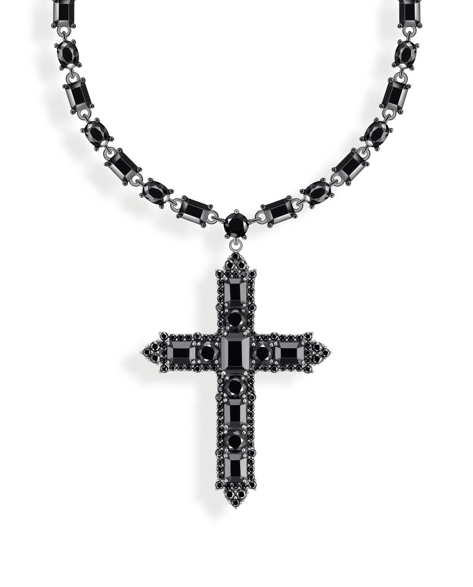 Cadena de plata con colgante de cruz y circonita negra Negro-1