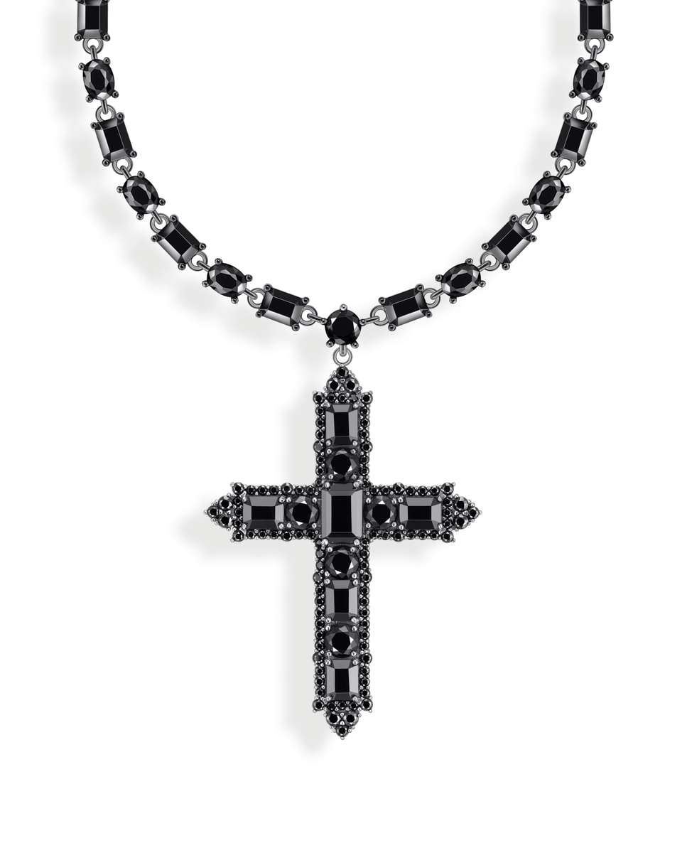 Cadena de plata con colgante de cruz y circonita negra Negro-1