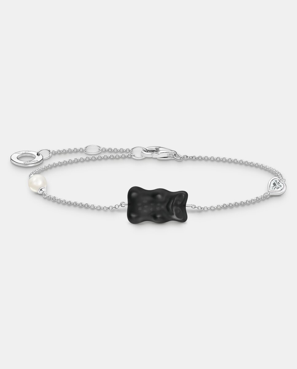 Imagen 1 de Pulsera de cadena de plata con osito de oro negro, perla y piedra de circonita Plata