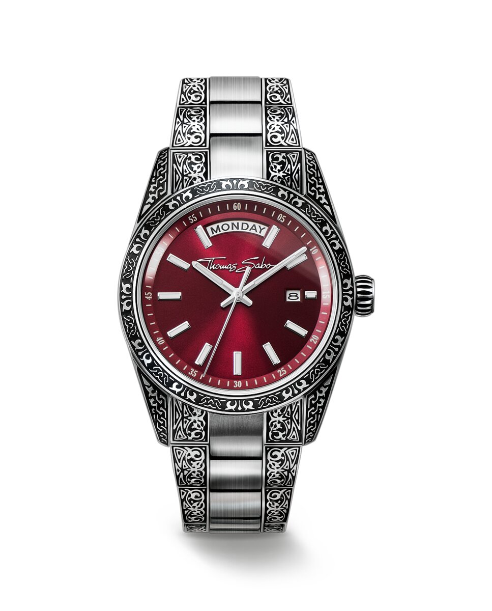 Imagen 0 de Reloj rebel at heart revive 36 mm acero inoxidable rojo oscuro diseño grabado Plata