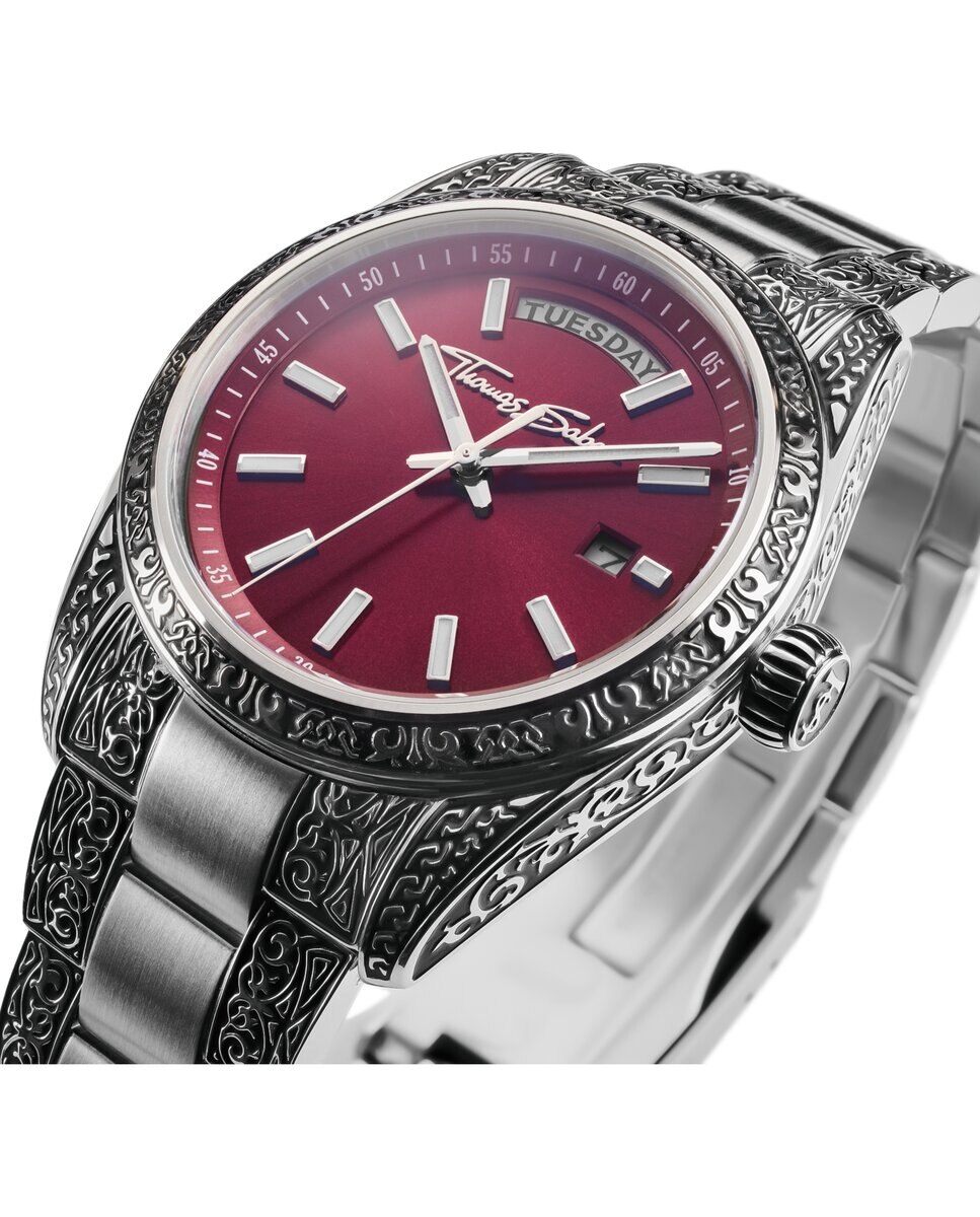 Reloj rebel at heart revive 36 mm acero inoxidable rojo oscuro diseño grabado - Thomas Sabo - Plata Plata-3