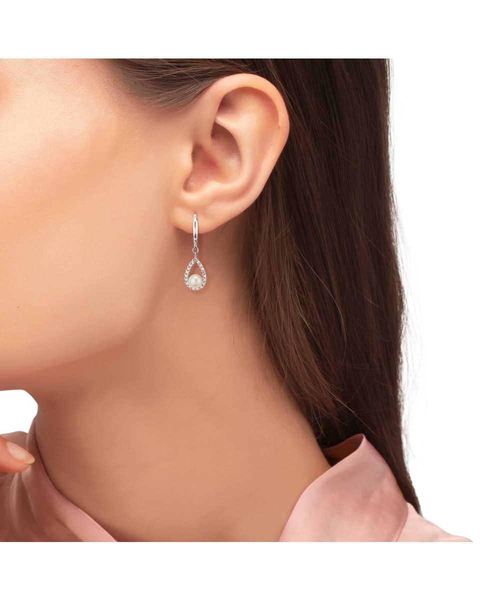 Pendientes colgante de de ley 925 y circonita cúbica sintética perla cultivada de agua dulce - Amor - Plata Plata-3