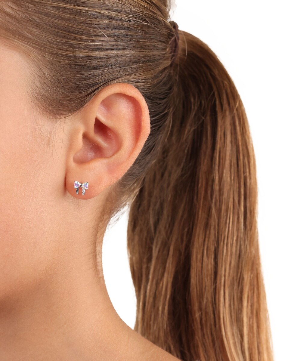 Pendiente de botón para niñas, de ley 925, circonita sintetica. | lazo - Lily Princesa - Plata Plata-4