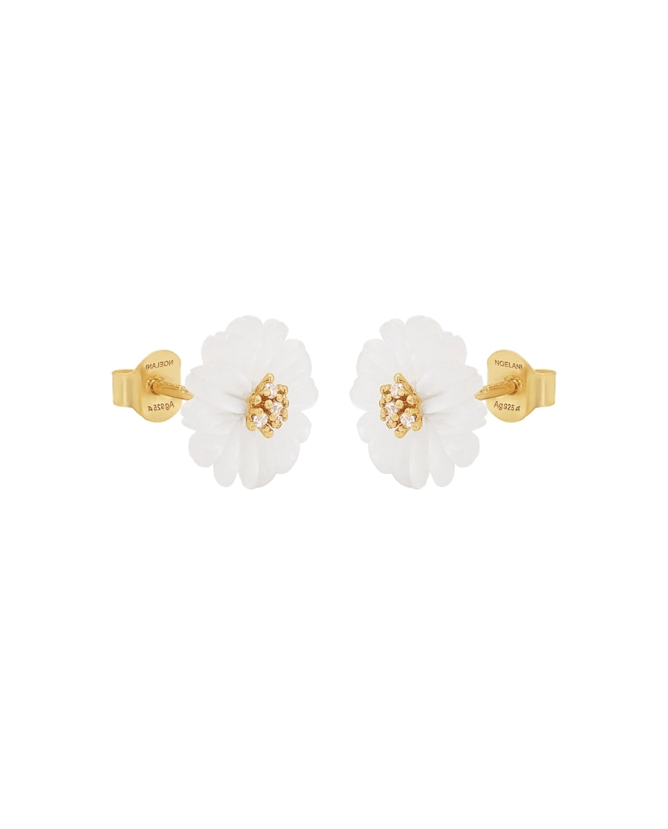 Pendientes de botón de plata de ley 925 y circonita sintética con flor - Noelani - Oro Oro-4
