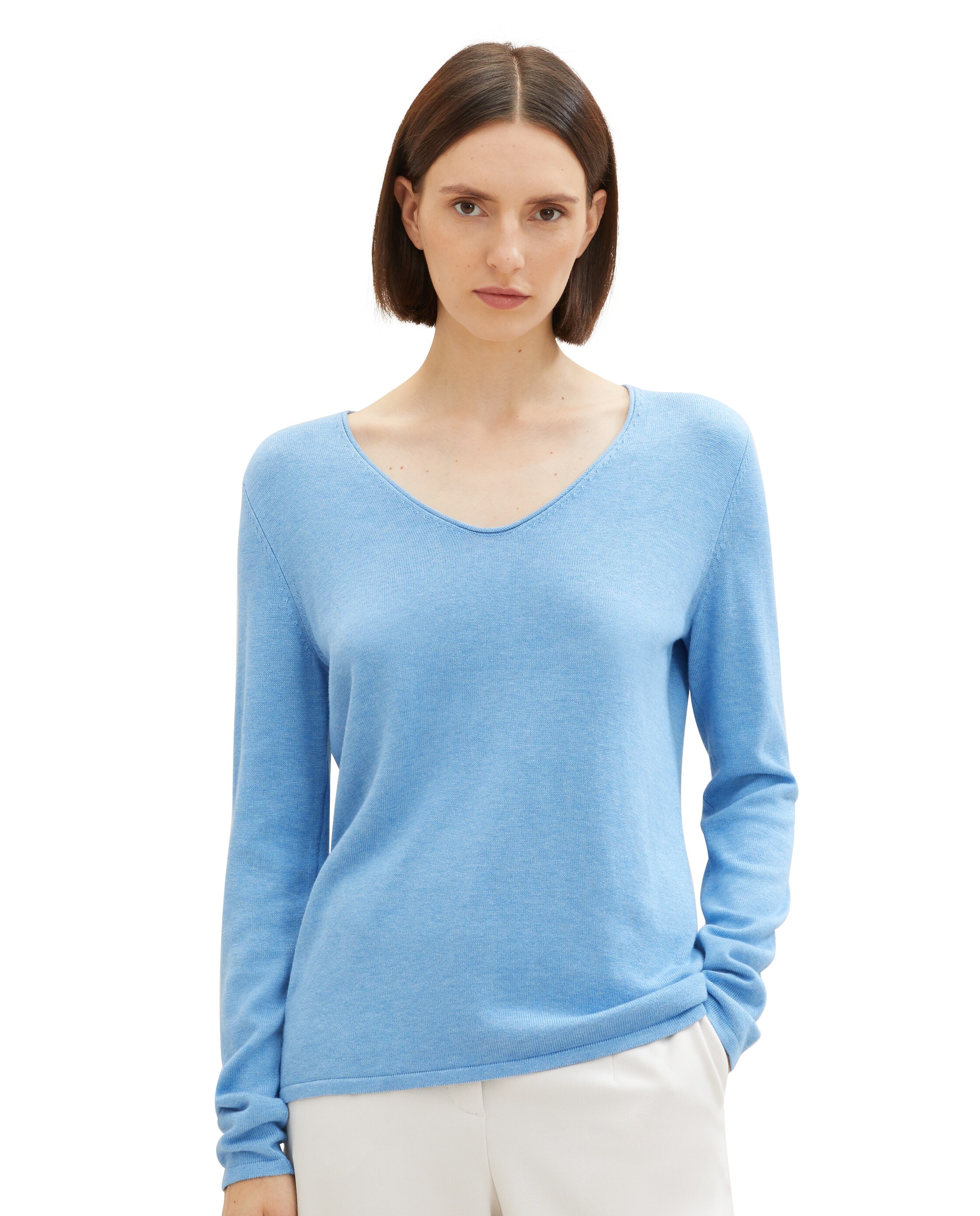 Tom Tailor - Jersey de manga larga de mujer con cuello de pico y diseño liso.