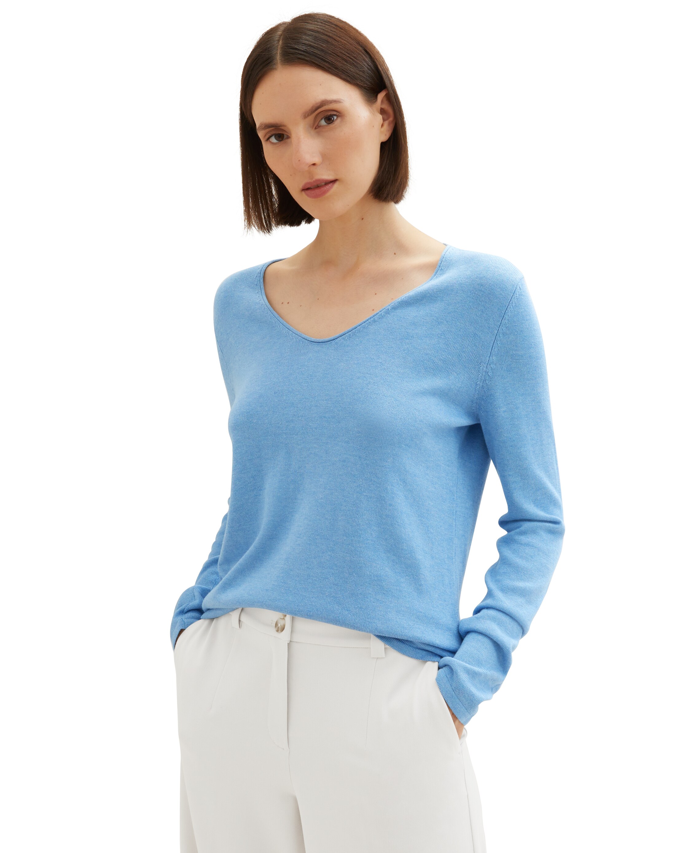 Jersey de mujer con cuello pico y manga larga - Tom Tailor - Azul Azul-3