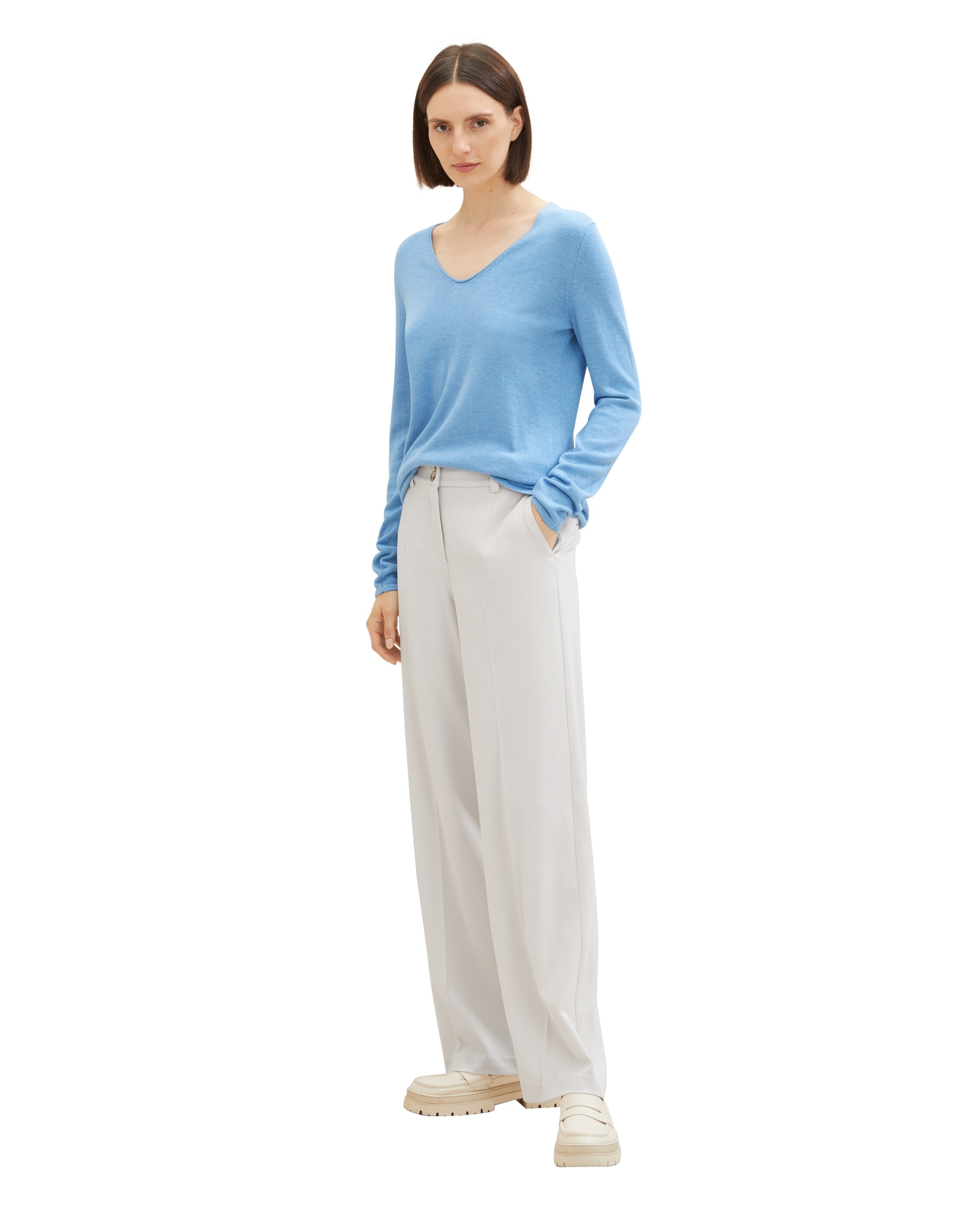 Jersey de mujer con cuello pico y manga larga - Tom Tailor - Azul Azul-5