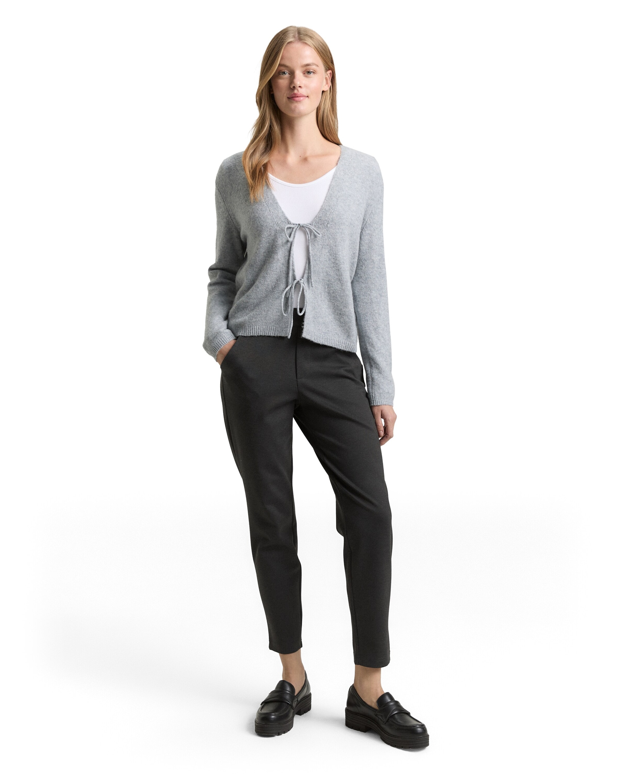 Pantalón recto de mujer con cintura media ajustable - Tom Tailor - Gris Gris-3