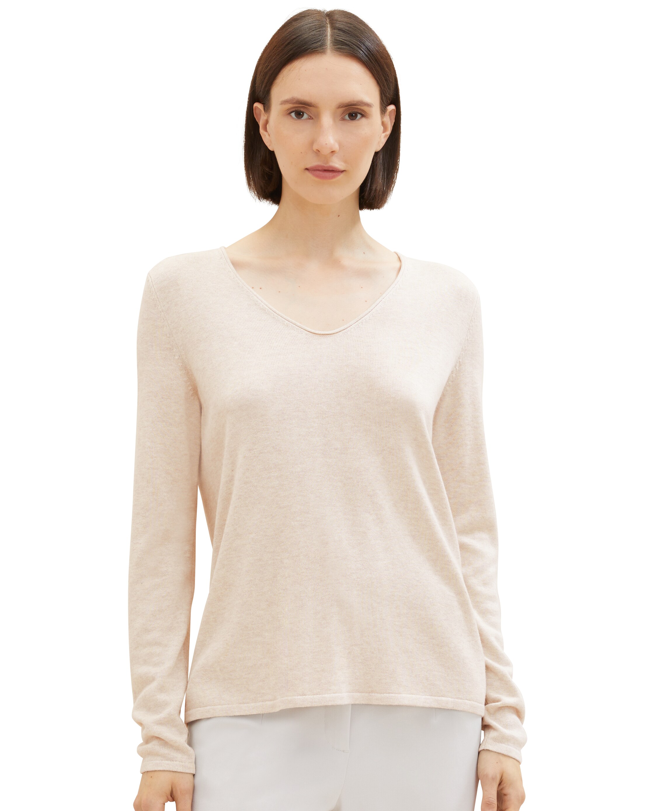 Jersey de mujer con cuello pico y manga larga - Tom Tailor - Natural Natural-1