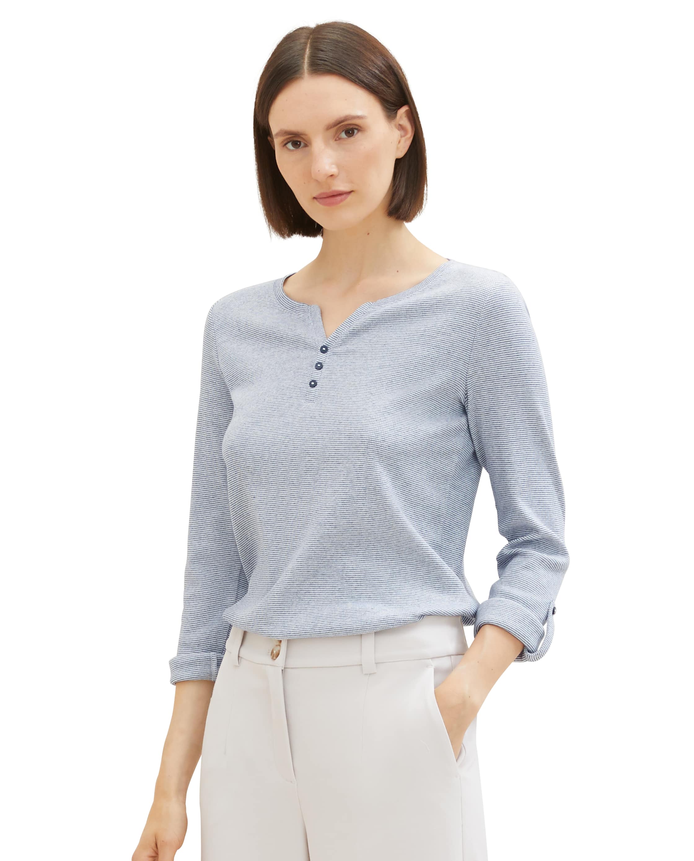 Camiseta de manga larga de mujer con cuello de pico, 2 botones y diseño liso - Tom Tailor - Gris claro Gris claro-3