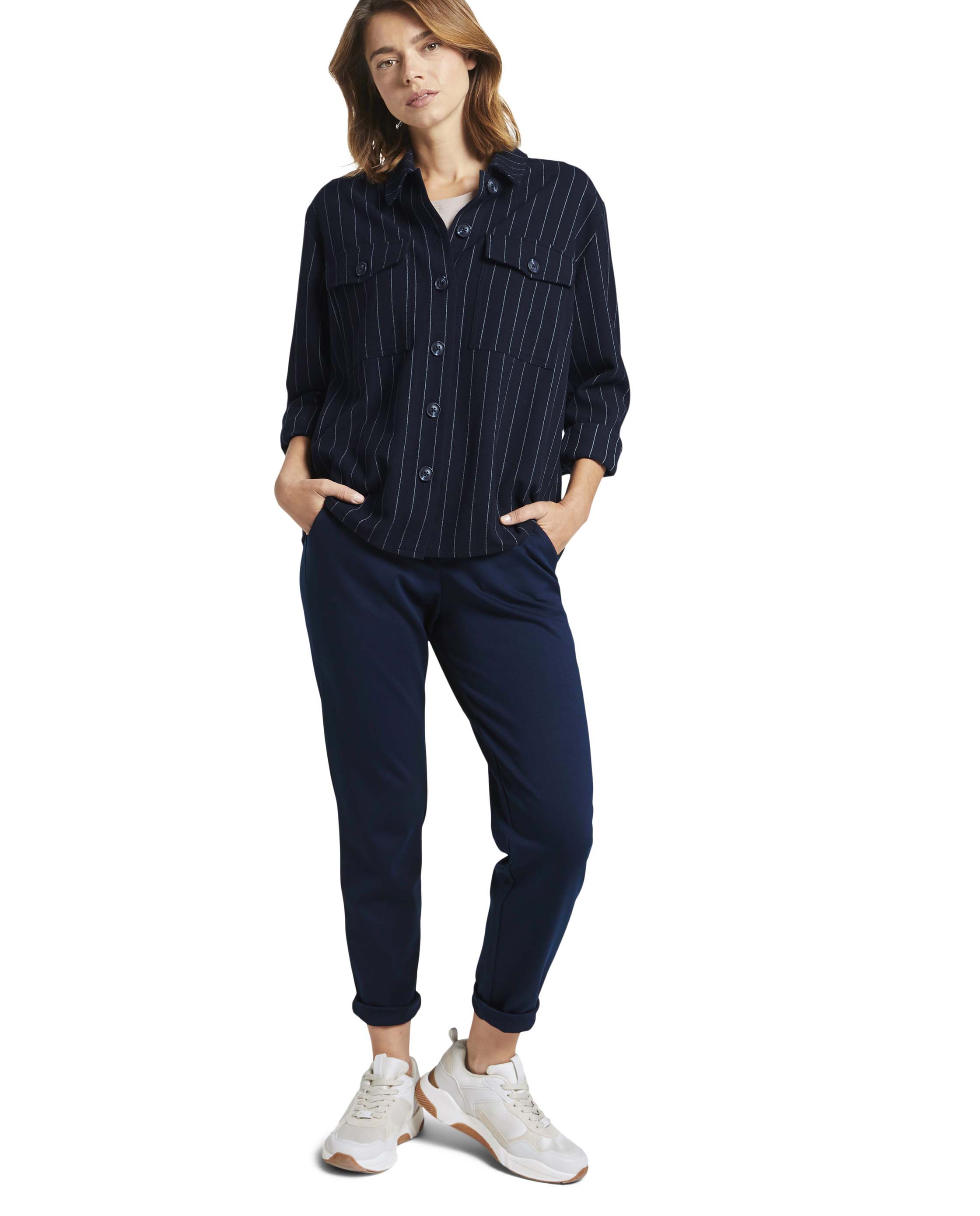 Pantalón recto de mujer con cintura media ajustable - Tom Tailor - Azul Azul-1