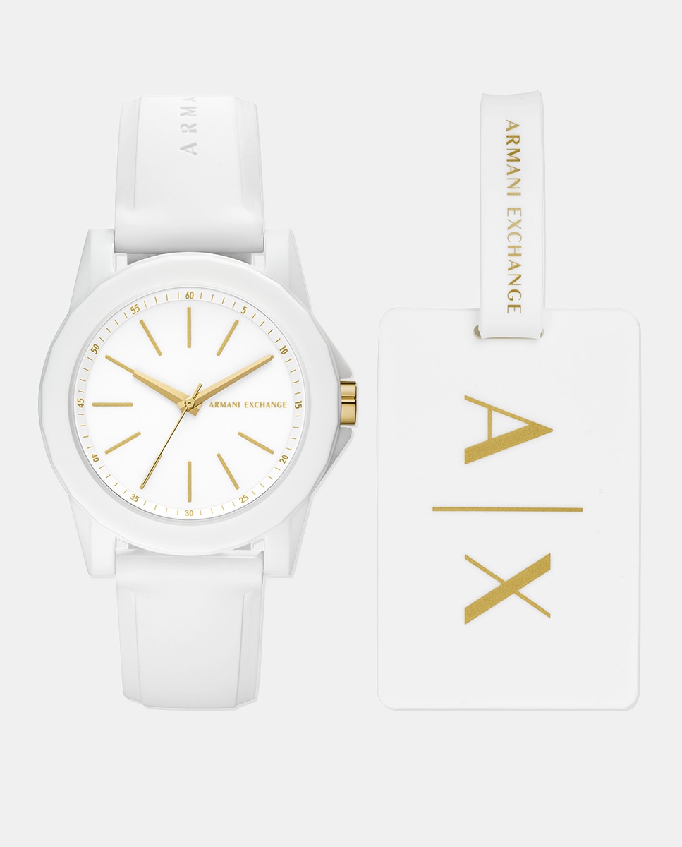Conjunto de reloj de mujer de armani exchange con tres agujas y etiqueta para equipaje - Blanco Blanco-1