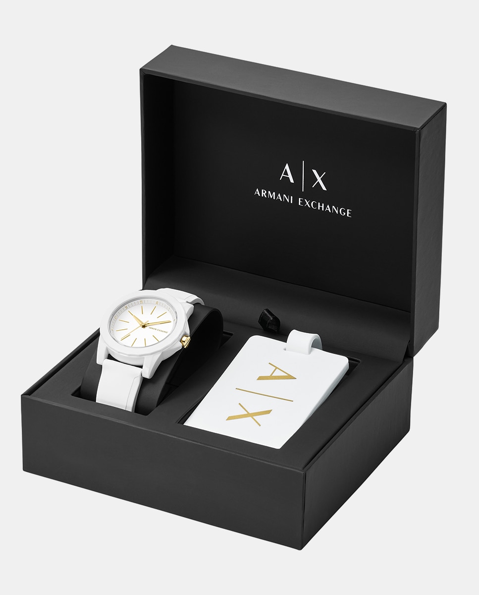 Conjunto de reloj de mujer de armani exchange con tres agujas y etiqueta para equipaje - Blanco Blanco-2