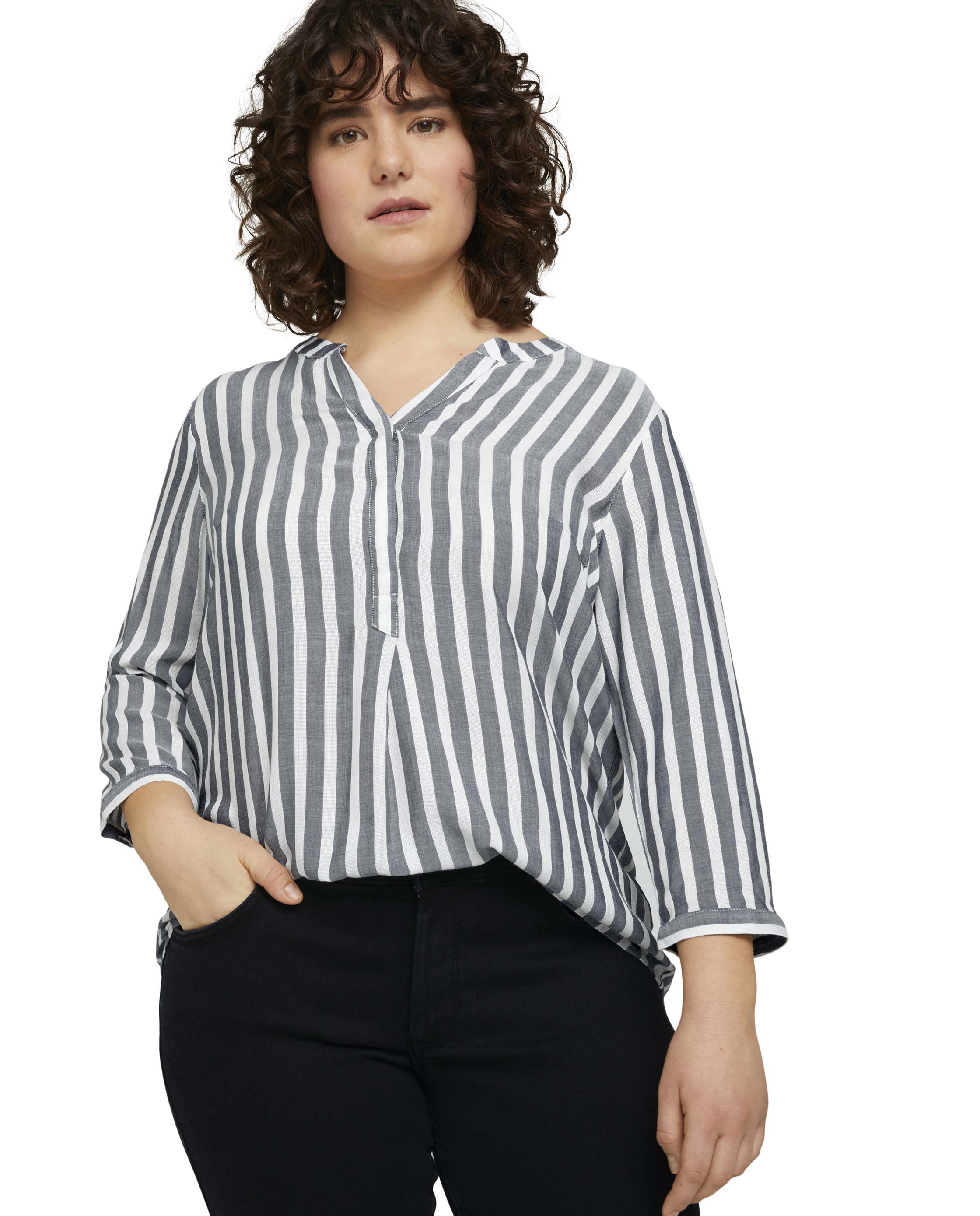Blusa de mujer a rayas y mangas francesa - Tom Tailor - Blanco / Gris Blanco / Gris-3