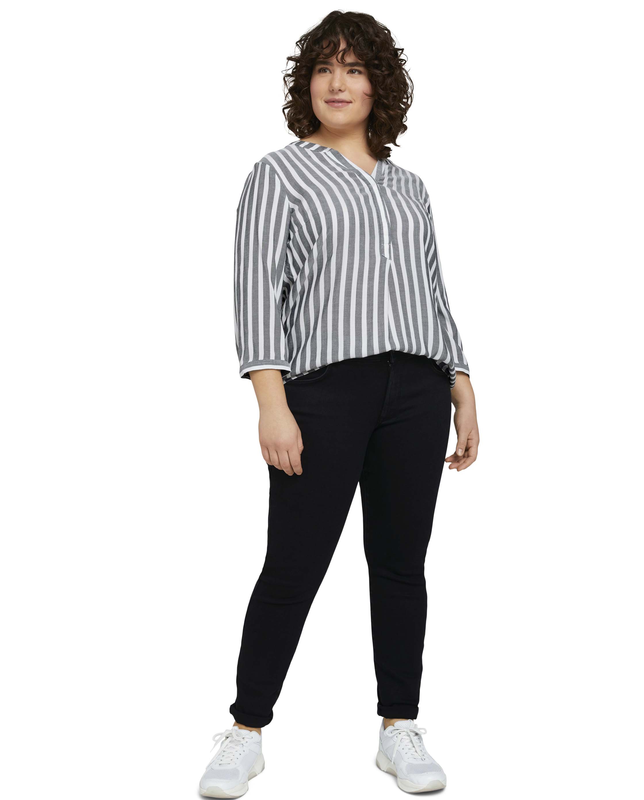 Blusa de mujer a rayas y mangas francesa - Tom Tailor - Blanco / Gris Blanco / Gris-4