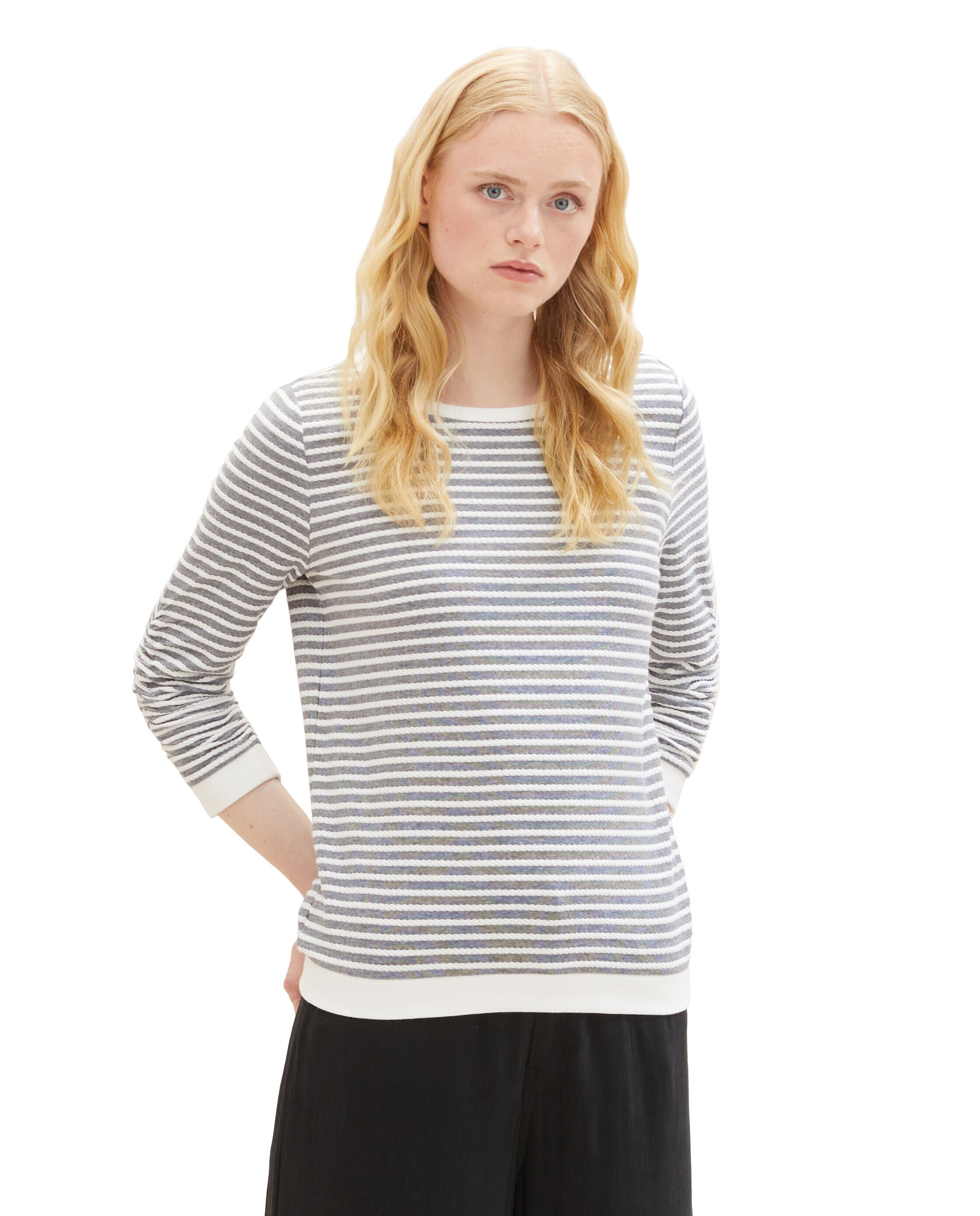 Sudadera de mujer de manga langa con cuello redondo de rayas - Tom Tailor - Blanco / Gris Blanco / Gris-1